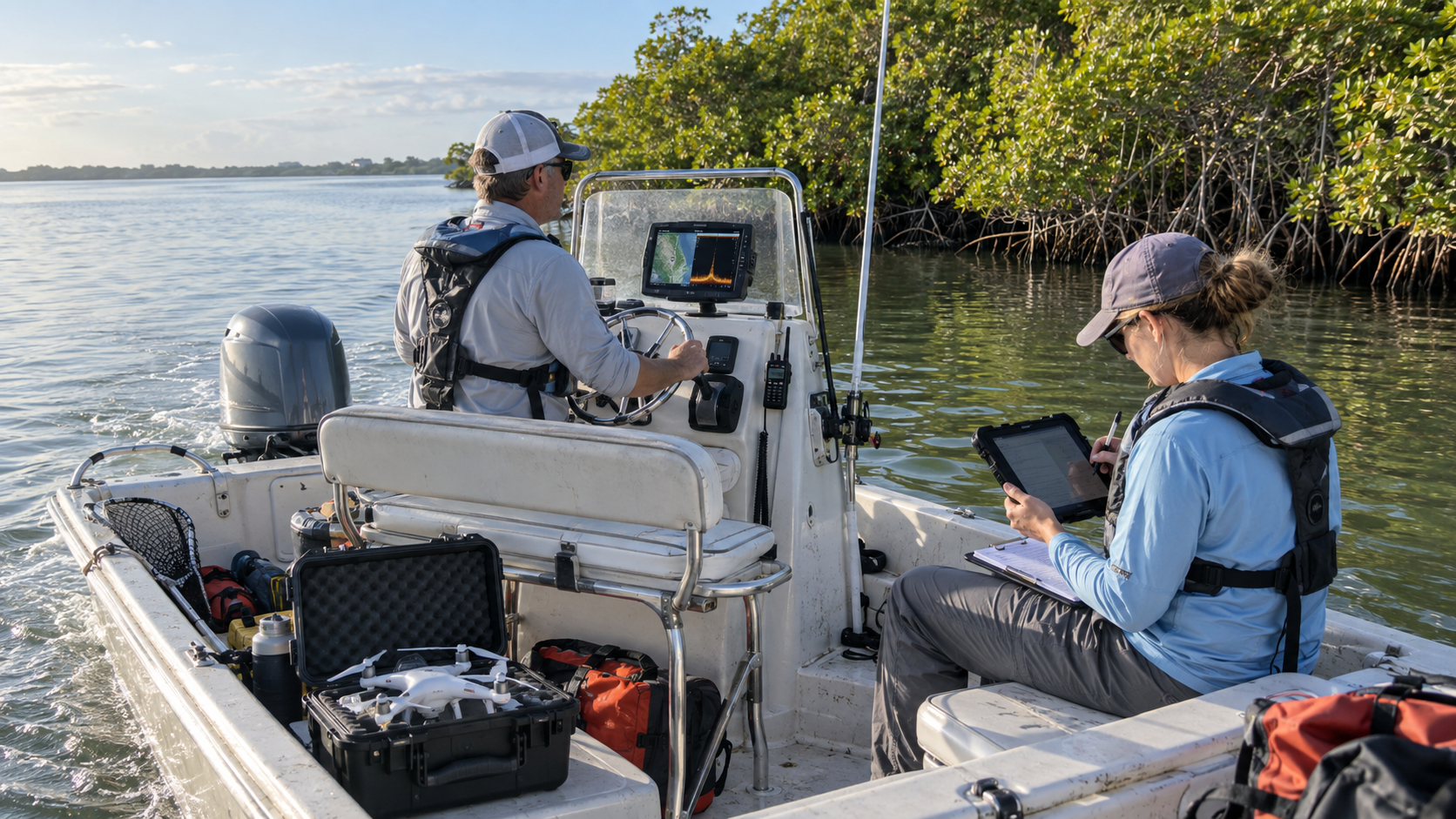 Two researchers in a motorboat near mangroves, one steering while the other records observations on a ruggedized tablet with a drone case open in the foreground