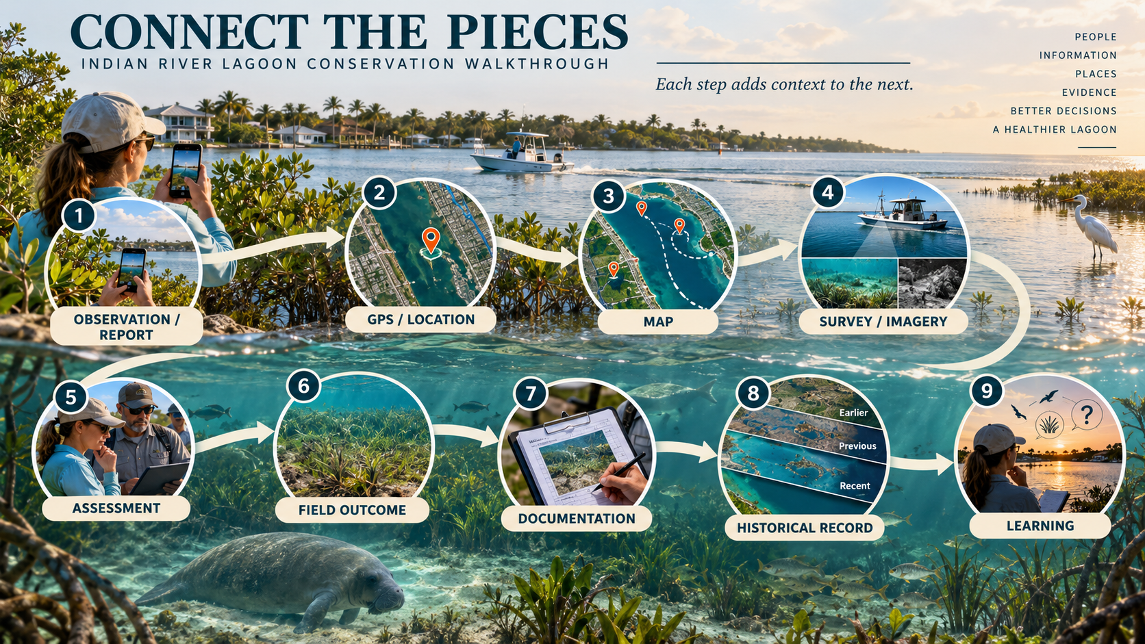 Connect the Pieces infographic for the Indian River Lagoon Conservation Walkthrough. A panoramic split-level photograph of the lagoon (sunny shoreline above, underwater seagrass and manatee below) is overlaid with a winding cream-colored path connecting nine numbered circles. Steps 1-4 across the top and 5-9 across the bottom: OBSERVATION/REPORT (person photographing with smartphone), GPS/LOCATION (map with pin), MAP (aerial coastline with plotted points), SURVEY/IMAGERY (boat on water with seagrass insets), ASSESSMENT (two people reviewing a tablet), FIELD OUTCOME (close-up of healthy seagrass), DOCUMENTATION (clipboard with site photo), HISTORICAL RECORD (stacked translucent aerial map layers), and LEARNING (person watching sunset with a thought bubble of icons). Header reads CONNECT THE PIECES with keywords PEOPLE, INFORMATION, PLACES, EVIDENCE, BETTER DECISIONS, A HEALTHIER LAGOON. Caption: Each step adds context to the next.