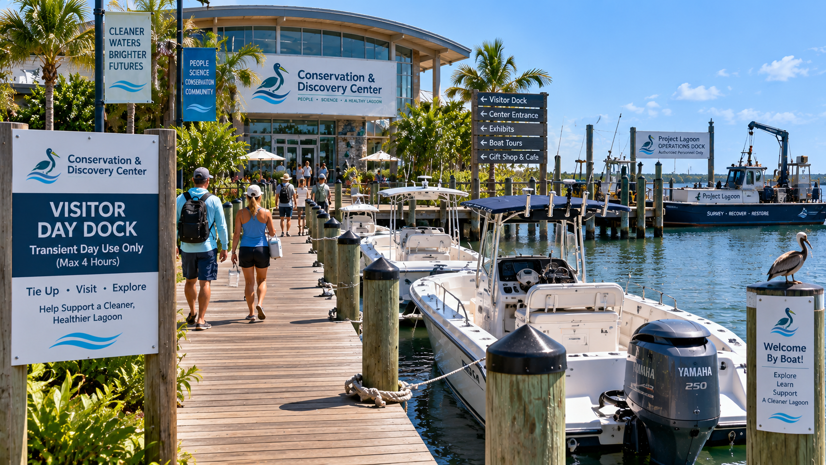 Visitor Day Dock at the Conservation & Discovery Center waterfront, with a wooden boardwalk leading to the glass-fronted Center building, transient day-use dock signage, a Project Lagoon survey boat, and recreational boats moored along the Indian River Lagoon.