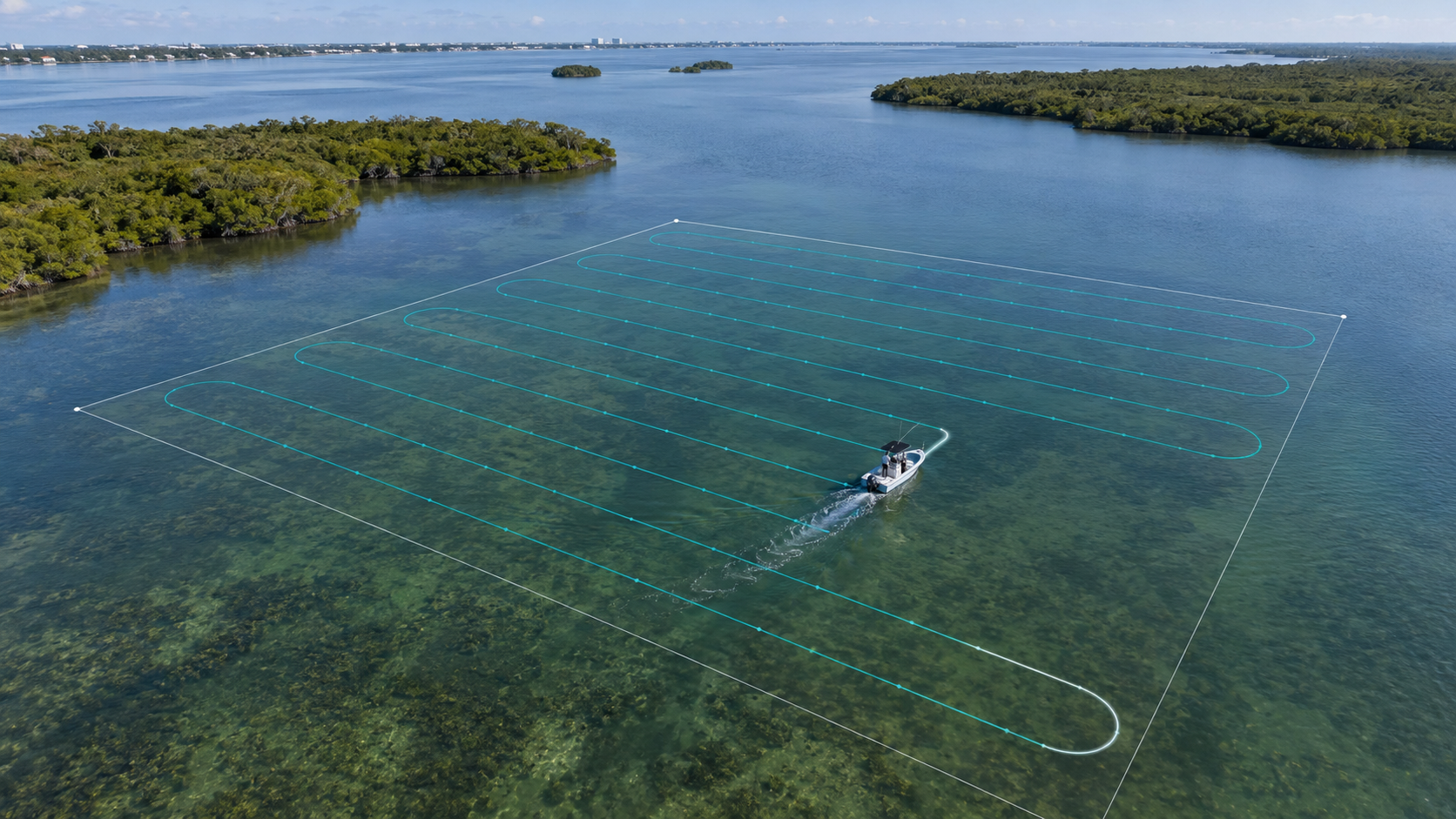 Aerial view of a GPS lawnmower survey grid overlaid on a mapped lagoon zone with parallel survey lanes and waypoints