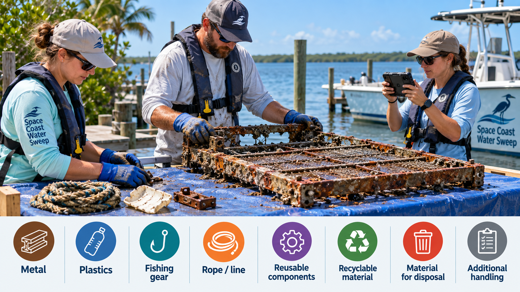 Recovered material sorting diagram. Three Space Coast Water Sweep crew members in branded light-blue shirts sort a large rusted metal grate on a blue tarp at a dock while one documents with a tablet. A horizontal graphic bar below shows eight color-coded circular category icons with labels: Metal (brown I-beams), Plastics (blue bottle), Fishing gear (teal hook), Rope / line (orange coiled rope), Reusable components (purple gear), Recyclable material (green chasing-arrows), Material for disposal (red trash can), and Additional handling (grey clipboard). The categories are broad sort options, not a complicated waste-management diagram — not every recovery contains all of these.