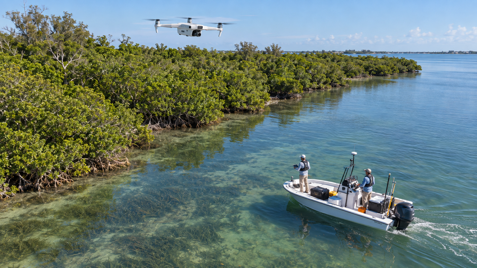 Drone surveying Indian River Lagoon shoreline while the Project Lagoon boat works below