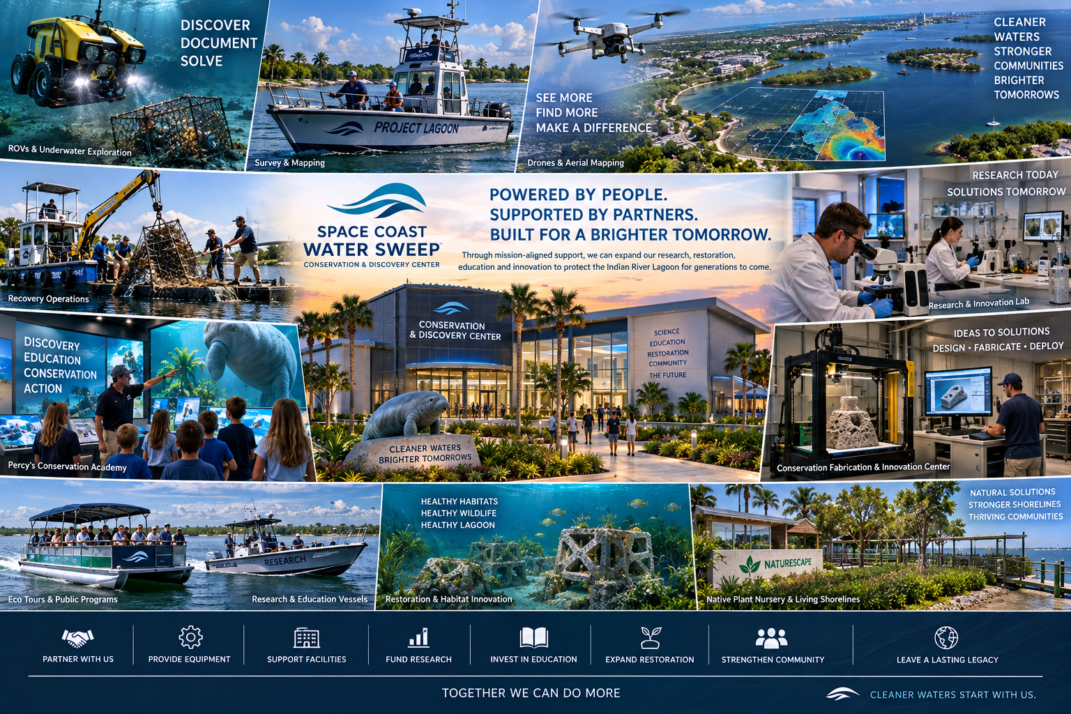 Marketing collage for the Conservation & Discovery Center with the Space Coast Water Sweep logo, 'Powered by People. Supported by Partners. Built for a Brighter Tomorrow.' headline, a sunset rendering of the Center facade, and gallery panels.