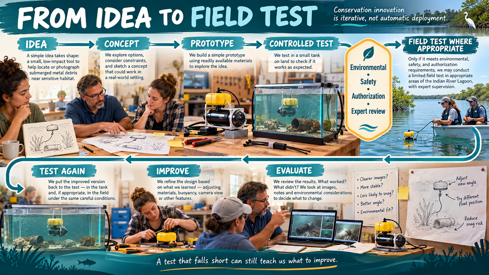 From Idea to Field Test iterative design infographic for Chapter 14. A deep-teal headline FROM IDEA TO FIELD TEST with the top-right caption Conservation innovation is iterative, not automatic deployment beside a small white egret. The flow follows an S-shaped winding path across two rows of cream cards with brush-stroke serif headers. Top row stages: IDEA (a simple low-impact tool to help locate or photograph submerged metal debris near sensitive habitat), CONCEPT (explore options, consider constraints, sketch a concept), PROTOTYPE (build a simple prototype from readily available materials), CONTROLLED TEST (test in a small tank on land), a large gold-bordered vertical hexagon ENVIRONMENTAL GATEKEEPER listing Environmental, Safety, Authorization, Expert review with a leaf icon and wavy lines, and FIELD TEST WHERE APPROPRIATE (only if requirements are met, a limited field test in appropriate areas of the Indian River Lagoon with expert supervision). Bottom row stages looping back: TEST AGAIN (put the improved version back to the test in the tank and, if appropriate, in the field), IMPROVE (refine the design adjusting materials, buoyancy, camera view or other features), and EVALUATE (review results — what worked, what didn't, with a bulleted list Clearer images?, More stable?, Less likely to snag?, Better angle?, Environmental fit?). Imagery shows a workshop team sketching and building, a prototype in a water tank, a field test from a boat in the lagoon, the team reviewing images on a laptop, adjusting hardware, and a whiteboard sketch annotated Adjust view angle, Try different float position, Reduce snag risk. A dark-teal footer reads A test that falls short can still teach us what to improve above a wavy line with a small fish silhouette.
