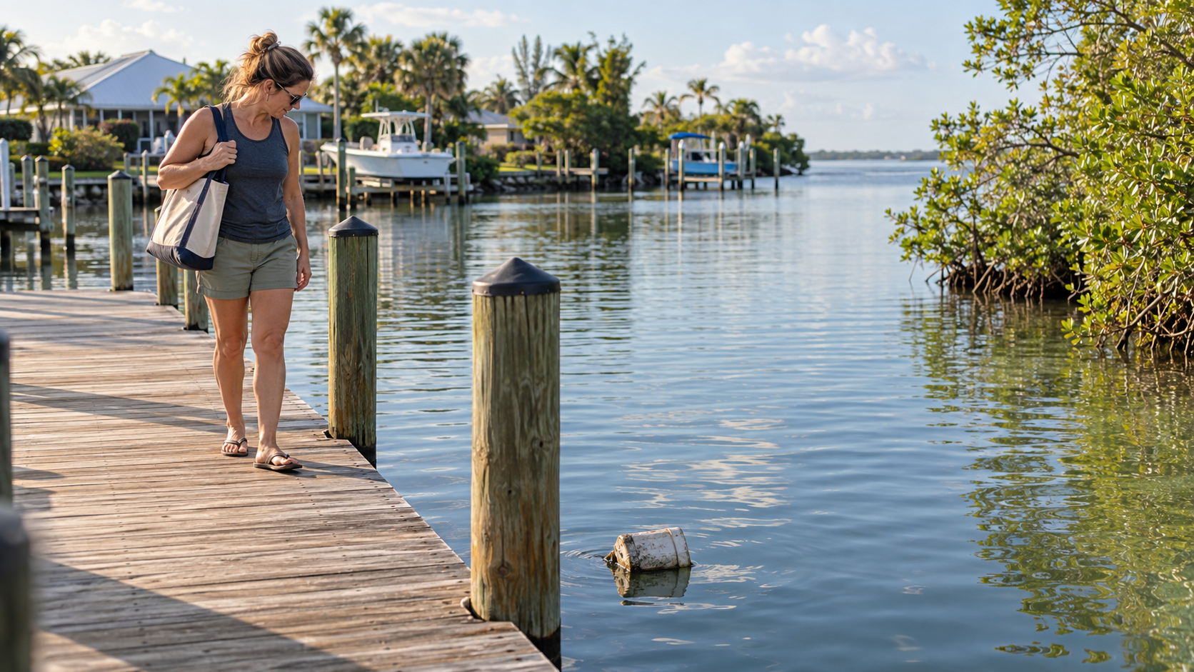 A woman walking along a weathered wooden dock in a residential canal looks down at a submerged white crab or lobster trap floating near a wooden piling. She keeps her distance on the dock without reaching in, an everyday waterfront observation rather than a staged cleanup, with mangroves and waterfront homes behind her.