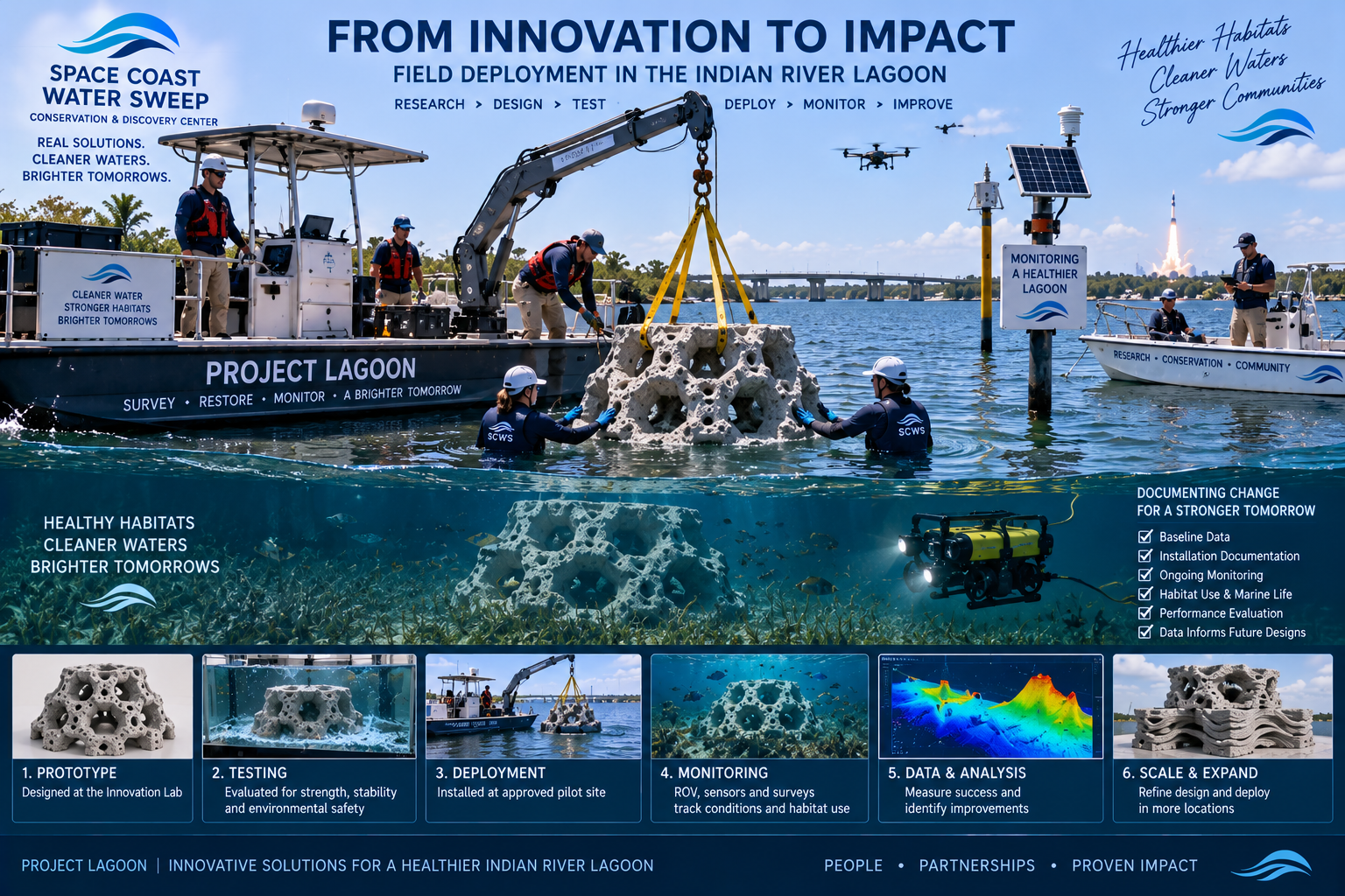 From Innovation to Impact exhibition hall poster titled 'Field Deployment in the Indian River Lagoon' showing the Project Lagoon boat with a crane lowering a 3D-printed-style habitat structure into the lagoon while divers position it, a drone and secondary research boat overhead.
