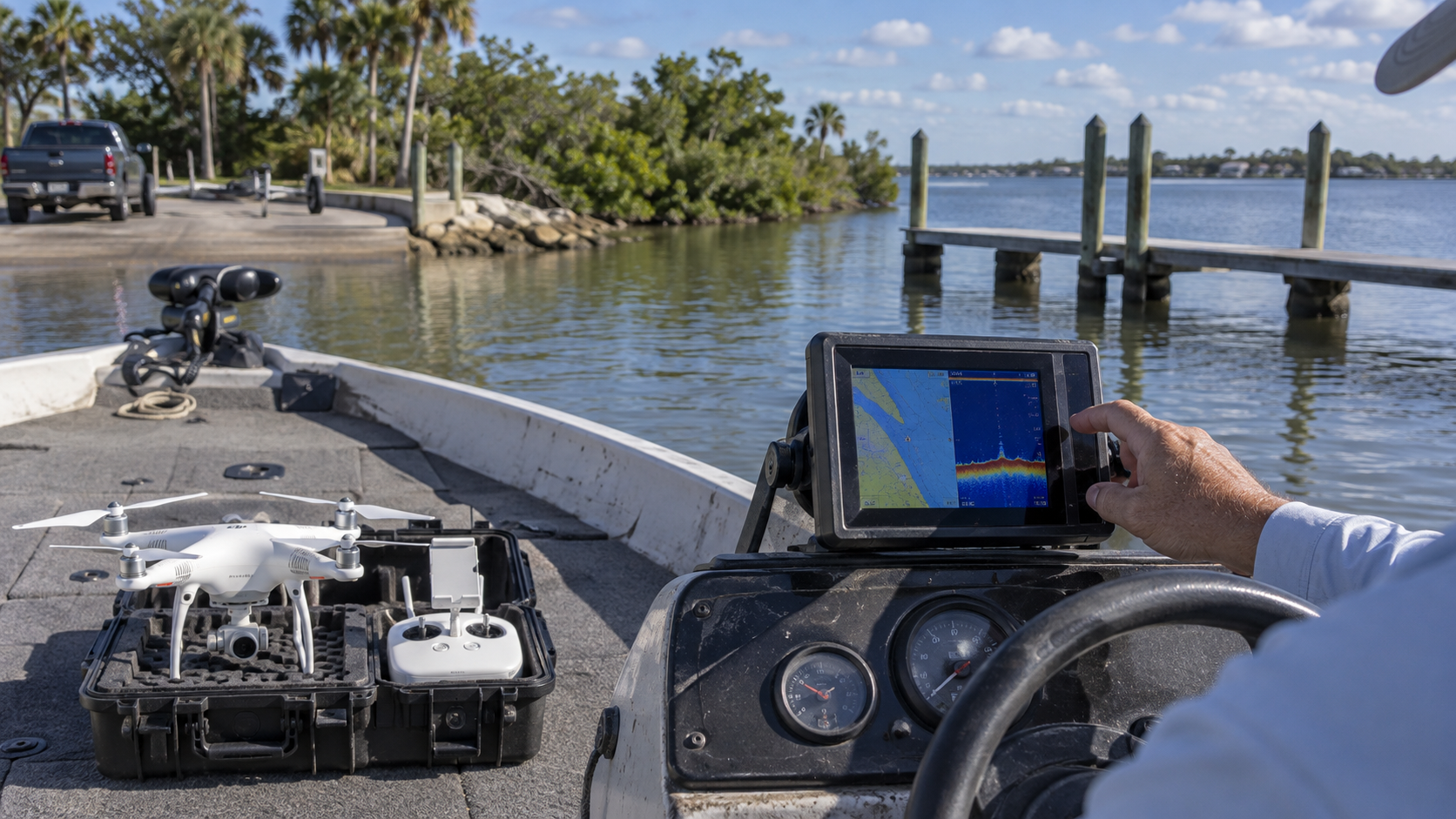 First-person view from the helm showing the chartplotter screen with navigational channels and sonar depth readout, drone case visible on the deck at the boat ramp