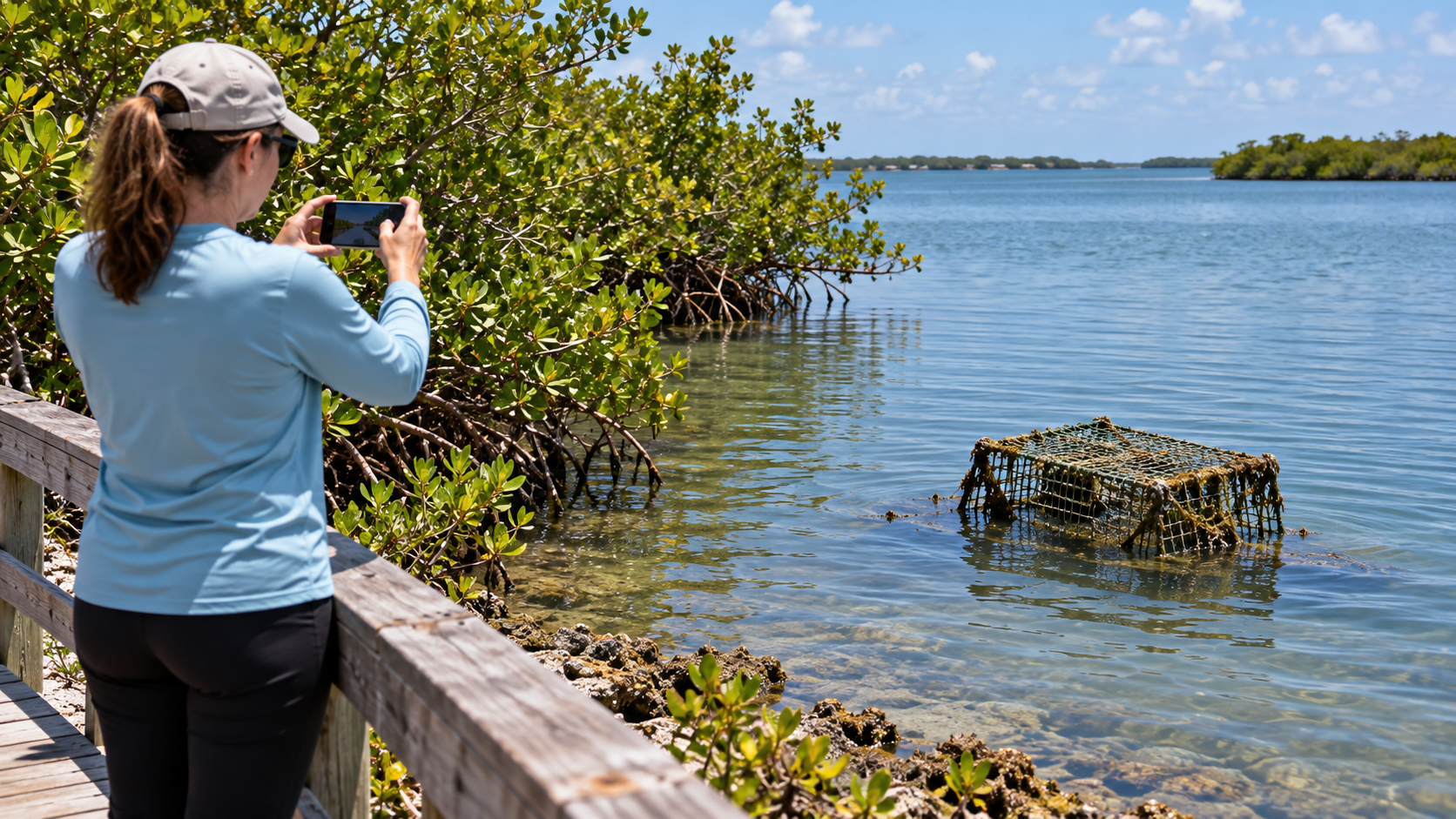 A person seen from behind on a weathered wooden boardwalk, holding a smartphone at eye level to photograph a suspected abandoned or derelict crab trap partially submerged in the shallow lagoon water near mangroves. They maintain a clear distance from the trap and are not pulling, touching, or handling it — documenting the observation safely from the boardwalk.
