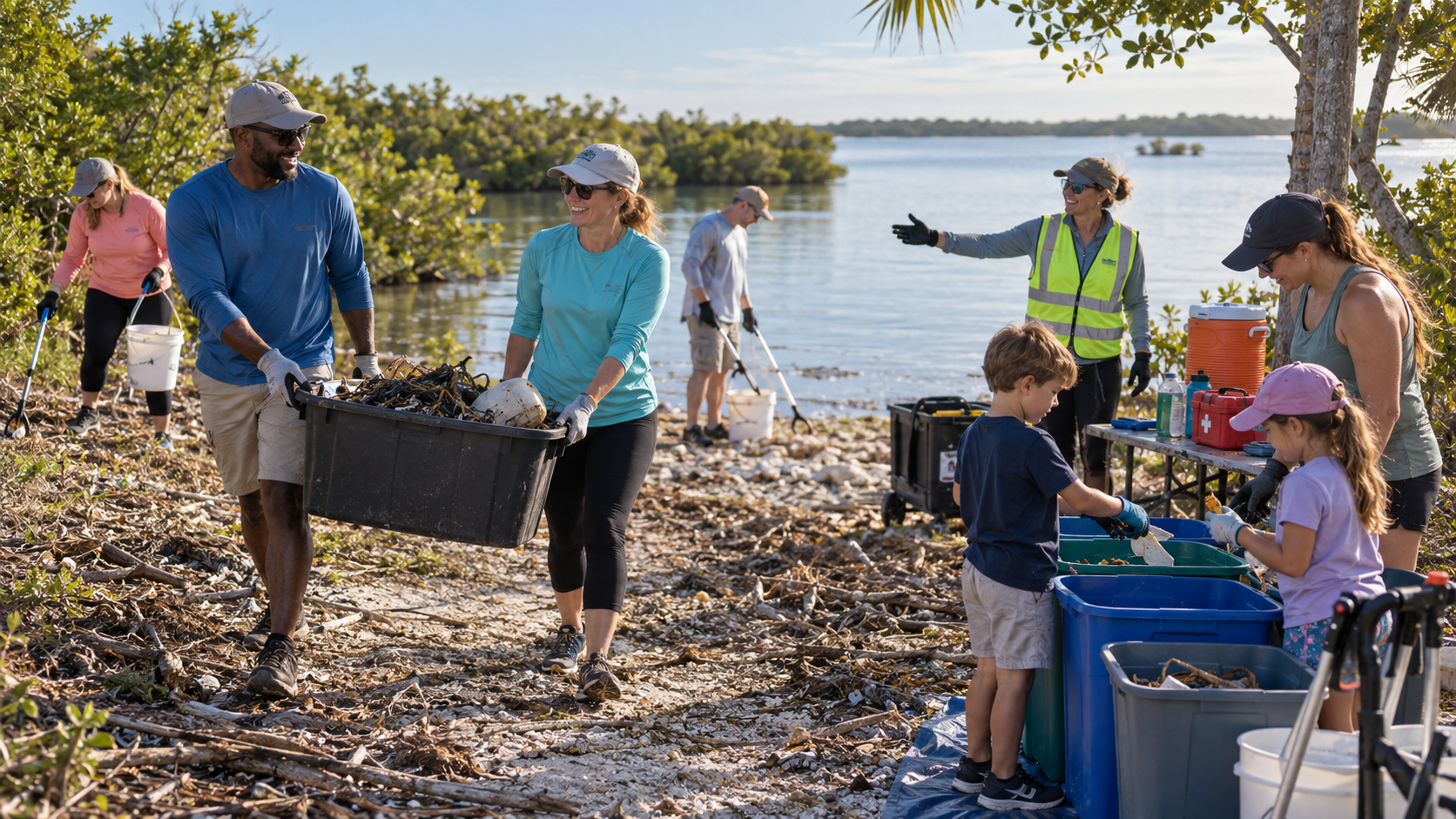 Students participating in a shoreline cleanup — carrying debris in crates, sorting waste into bins, and learning alongside adult volunteers in high-visibility vests
