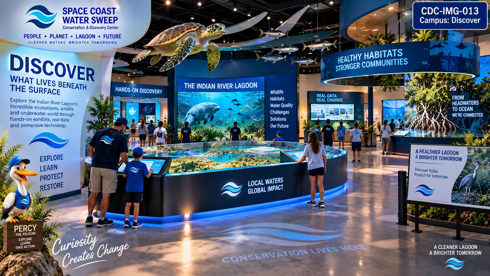 Conceptual interior rendering of the Discover exhibit hall, with a high ceiling, suspended sea turtle and silver fish, a central circular interactive exhibit station, a large curved screen reading 'The Indian River Lagoon', Percy the Pelican statue, and backlit wall displays.
