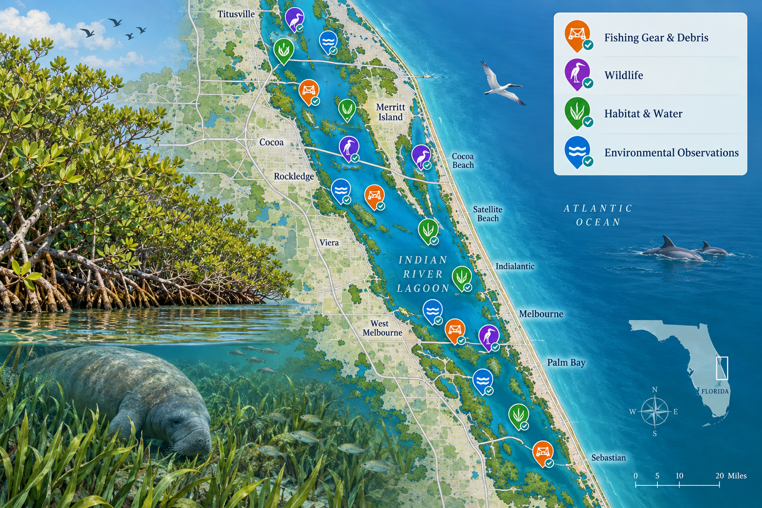 A public Indian River Lagoon observation map showing verified reports as color-coded pins — orange (Fishing Gear & Debris), purple (Wildlife), green (Habitat & Water), and blue (Environmental Observations) — placed at appropriate locations across the lagoon from Titusville to Sebastian, with a legend, compass, Florida inset, and scale bar. Each pin carries a small white checkmark indicating verified status. No private reporter information is shown on the public map; location information has become useful spatial information.