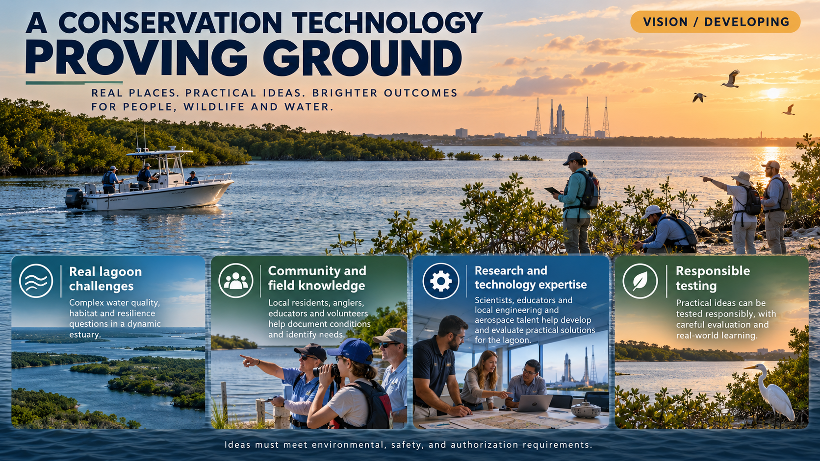A Conservation Technology Proving Ground infographic over a golden-hour Indian River Lagoon sunset with a launchpad silhouette on the horizon. Header reads A CONSERVATION TECHNOLOGY PROVING GROUND with subtitle REAL PLACES. PRACTICAL IDEAS. BRIGHTER OUTCOMES FOR PEOPLE, WILDLIFE AND WATER. A VISION/DEVELOPING badge sits top-right. Four translucent blue-grey cards across the bottom: Real lagoon challenges (aerial coastal waterway — complex water quality, habitat and resilience questions in a dynamic estuary), Community and field knowledge (people near shoreline — local residents, anglers, educators and volunteers help document conditions and identify needs), Research and technology expertise (team with blueprints and laptops near a launchpad — scientists, educators and local engineering and aerospace talent help develop and evaluate practical solutions), and Responsible testing (shoreline with white egret at sunset — practical ideas can be tested responsibly with careful evaluation and real-world learning). Footer: Ideas must meet environmental, safety, and authorization requirements.