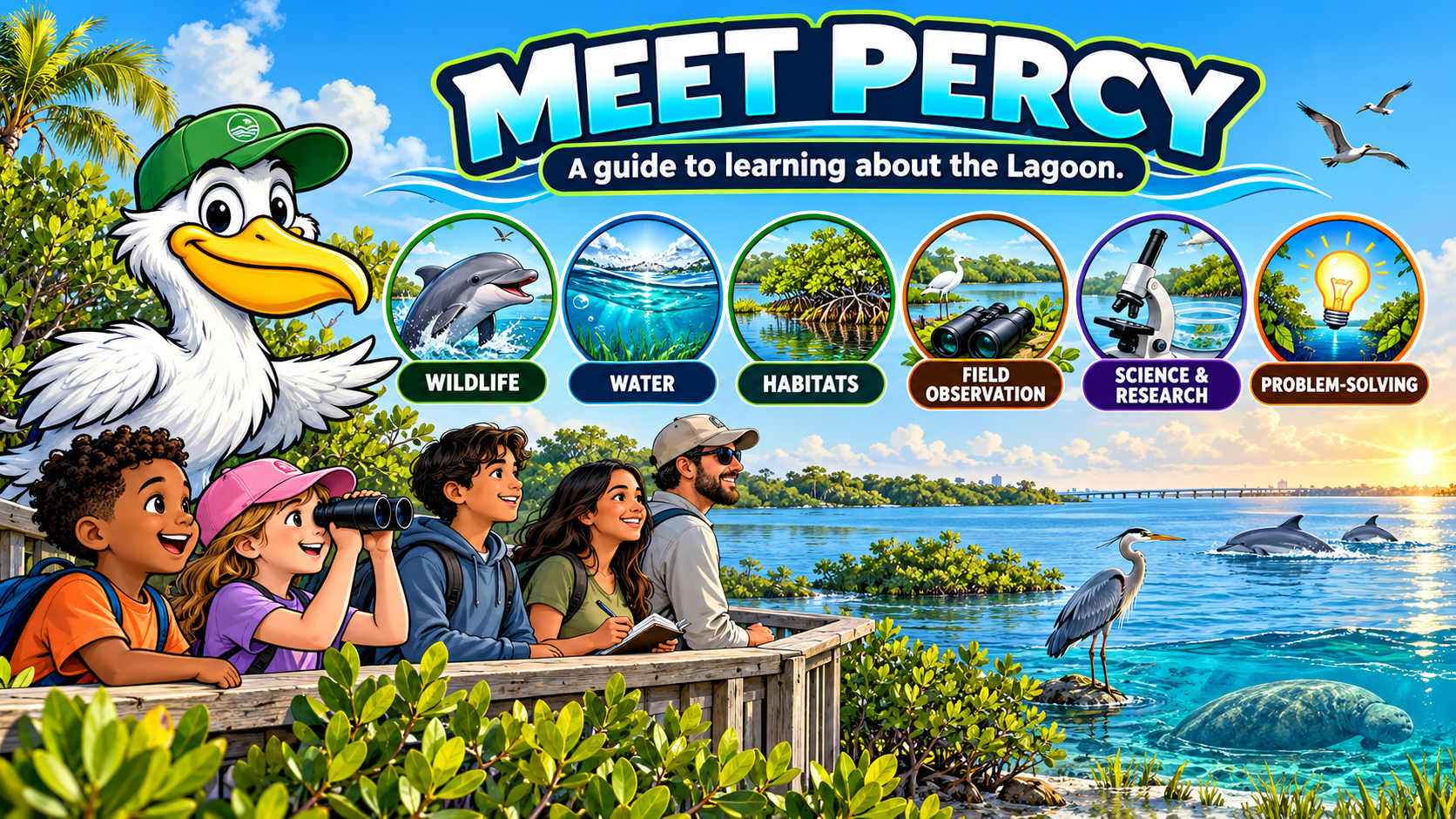 Meet Percy header and navigation graphic for Chapter 12. Large 3D-effect white lettering reads MEET PERCY with a pill-shaped subheader A guide to learning about the Lagoon. A cartoon white pelican mascot named Percy wearing a green cap with a wave logo stands on the left. On a wooden pier, a group of children and a guide overlook a bright sunny lagoon — a boy in an orange shirt, a girl with a pink cap and binoculars, a boy in a blue hoodie, a young woman with a notebook, and a bearded man with a tan cap. Six color-coded navigation circles run horizontally: WILDLIFE (green pill, dolphin jumping), WATER (blue pill, water ripples), HABITATS (green pill, mangrove trees), FIELD OBSERVATION (brown pill, heron on a pier with binoculars), SCIENCE & RESEARCH (purple pill, microscope near water), and PROBLEM-SOLVING (orange pill, lightbulb against a sunset). The background lagoon scene includes a distant bridge, a large heron in shallow water, two dolphins breaching, and a manatee near the pier.