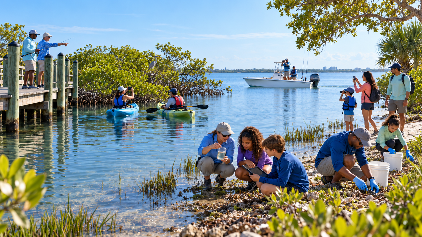 A group of people using the Indian River Lagoon in many different ways at once — a family doing shoreline science with a glass beaker, tablet, and sample buckets, two kayakers paddling near a wooden dock, a white center-console motorboat crossing the open water, and residents fishing and walking the dock. Ordinary waterway users spread naturally throughout the environment.