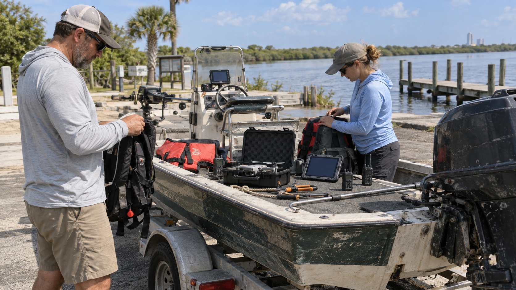 Two operators preparing equipment on a Project Lagoon survey boat at a boat ramp