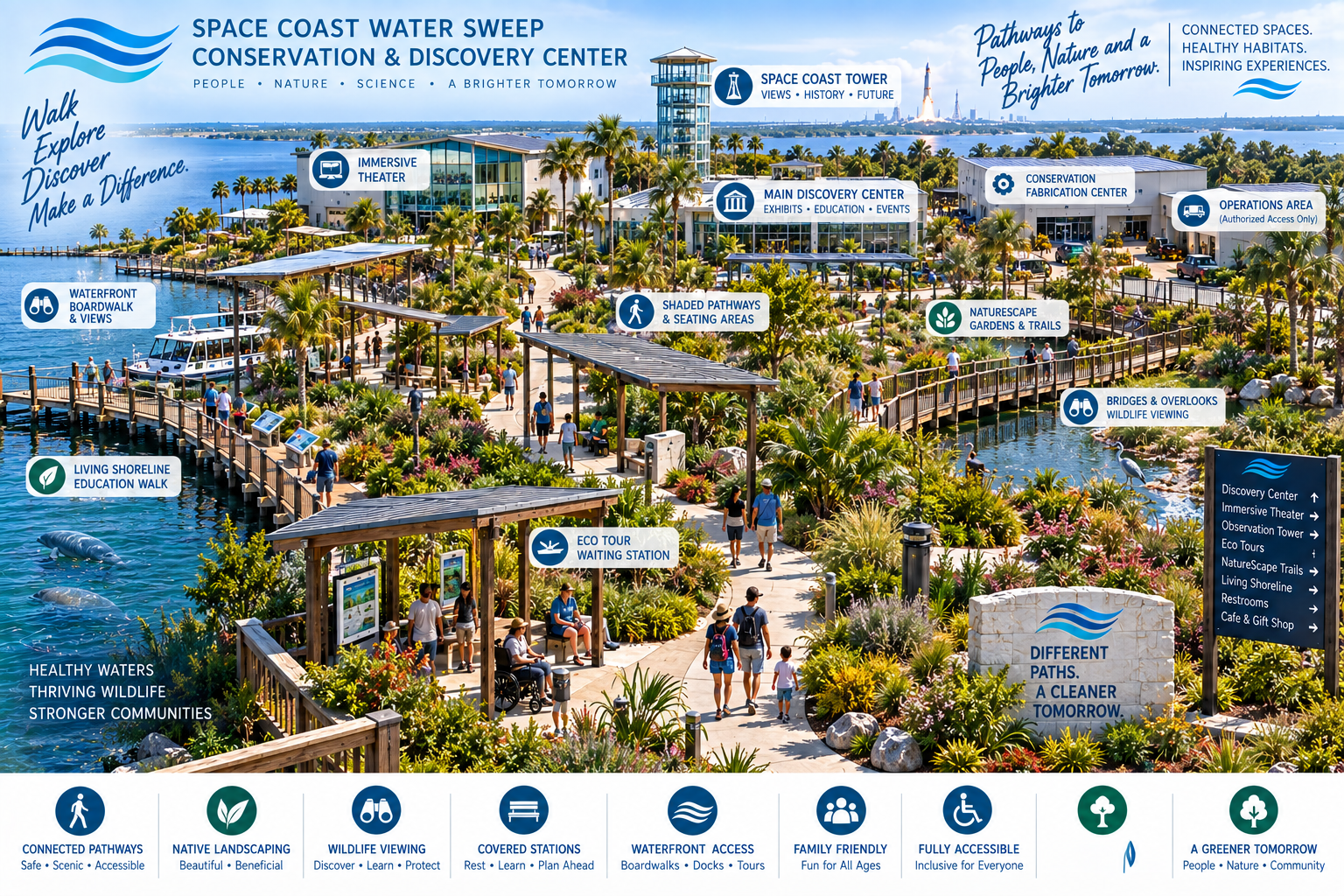 Annotated aerial master campus site map of the Conservation & Discovery Center showing connected pathways, the Space Coast Tower, Immersive Theater, Main Discovery Center, Conservation Fabrication Center, Operations Area (authorized access only), Waterfront Boardwalk & Views, shaded pathways and seating areas, NatureScape Gardens & Trails, bridges and overlooks for wildlife viewing, Living Shoreline Education Walk, and an Eco Tour Waiting Station, with a directory sign and footer icons for connected pathways, native landscaping, wildlife viewing, covered stations, waterfront access, family friendly, fully accessible, and a greener tomorrow.