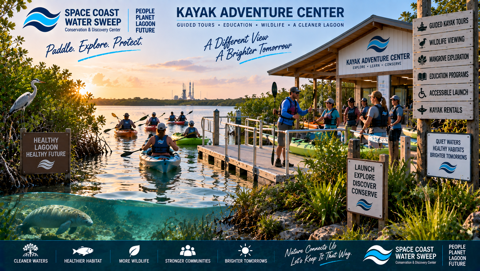 Conceptual Kayak Adventure Center on the Indian River Lagoon with guided paddlers launching from an accessible low-profile dock beside native shoreline habitat at the Conservation & Discovery Center.