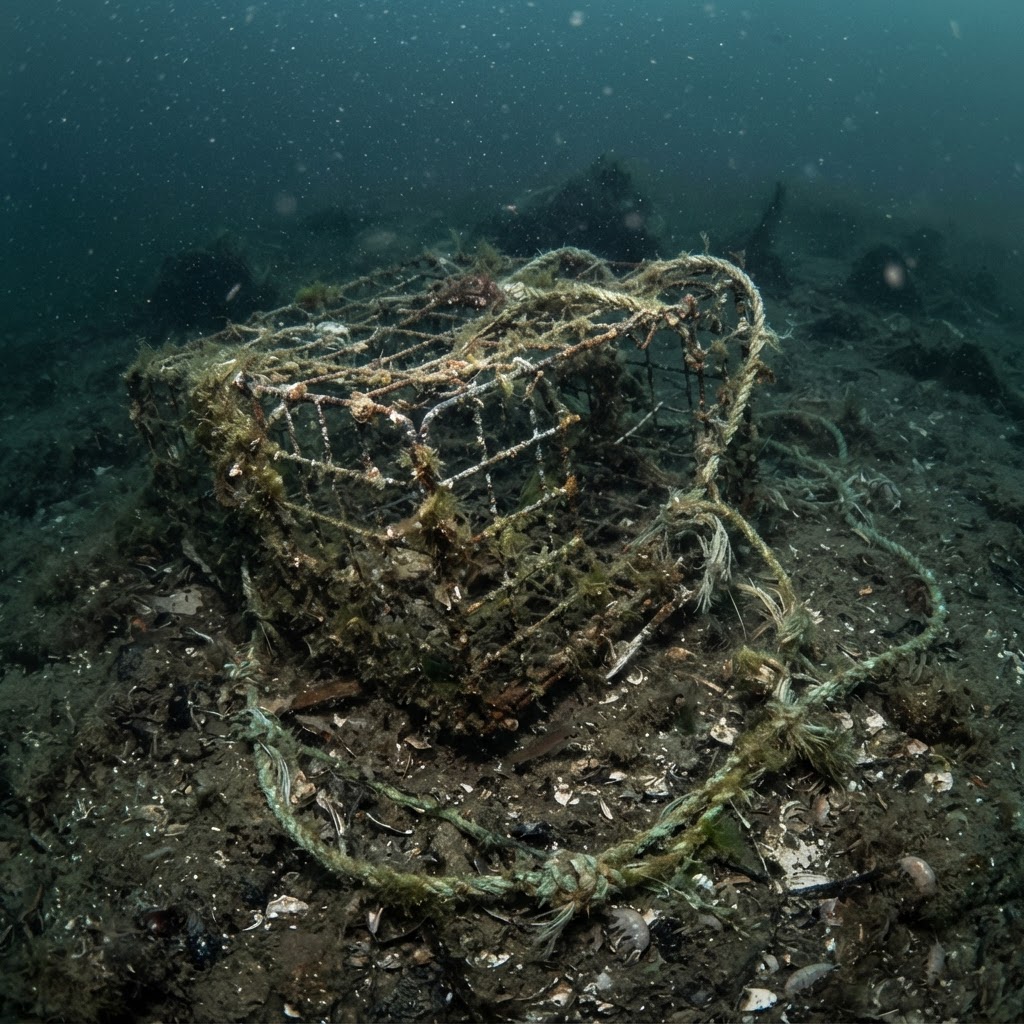 Damaged abandoned trap on the ocean floor