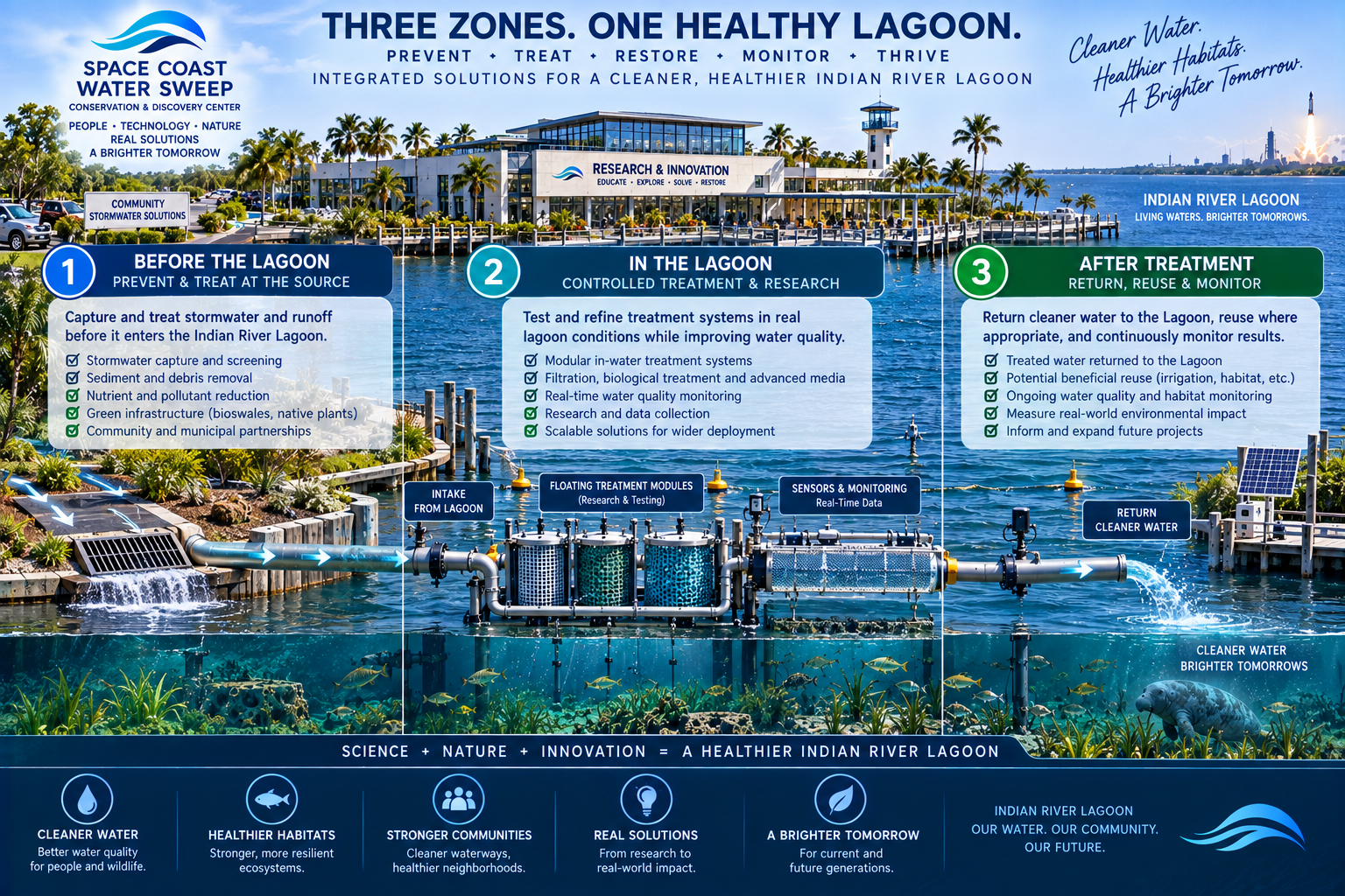 Three Zones. One Healthy Lagoon. infographic titled 'Three Zones. One Healthy Lagoon. — Prevent + Treat + Restore + Monitor + Thrive — Integrated Solutions for a Cleaner, Healthier Indian River Lagoon' showing three numbered vertical panels: Zone 1 Before the Lagoon (Prevent & Treat at the Source — stormwater capture and screening, sediment and debris removal, nutrient and pollutant reduction, green infrastructure, community and municipal partnerships), Zone 2 In the Lagoon (Controlled Treatment & Research — modular in-water treatment systems, filtration/biological treatment/advanced media, real-time water quality monitoring, research and data collection, scalable solutions), Zone 3 After Treatment (Return, Reuse & Monitor — treated water returned to the Lagoon, beneficial reuse, ongoing water quality and habitat monitoring, measure real-world environmental impact, inform and expand future projects), a mid-section visual of treatment pipes and machinery across the lagoon labeled Intake from Lagoon, Floating Treatment Modules, Sensors & Monitoring, Return Cleaner Water, and a footer summary bar with five pillars (Cleaner Water, Healthier Habitats, Stronger Communities, Real Solutions, A Brighter Tomorrow) and the tagline 'Science + Nature + Innovation = a Healthier Indian River Lagoon.'