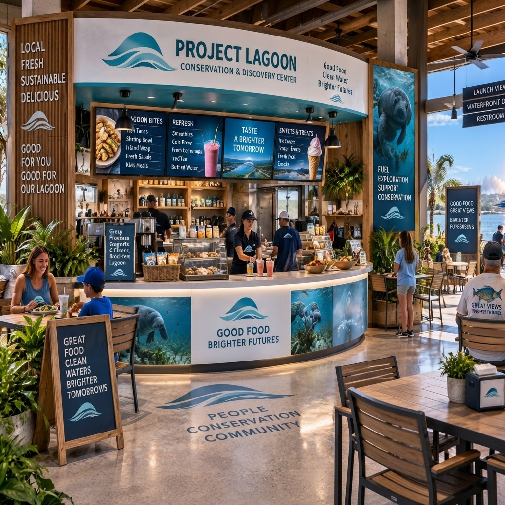 Conceptual rendering of a dedicated indoor coffee and refreshment location within the Conservation & Discovery Center, with a curved wood service counter, four digital menu boards (Lagoon Bites, Refresh, Taste a Brighter Tomorrow, Sweets & Treats), pastry case, Project Lagoon wave-logo branding, manatee wall mural reading 'Fuel Exploration, Support Conservation,' wooden seating, A-frame and vertical signage with conservation messaging, and an open-air waterfront view.