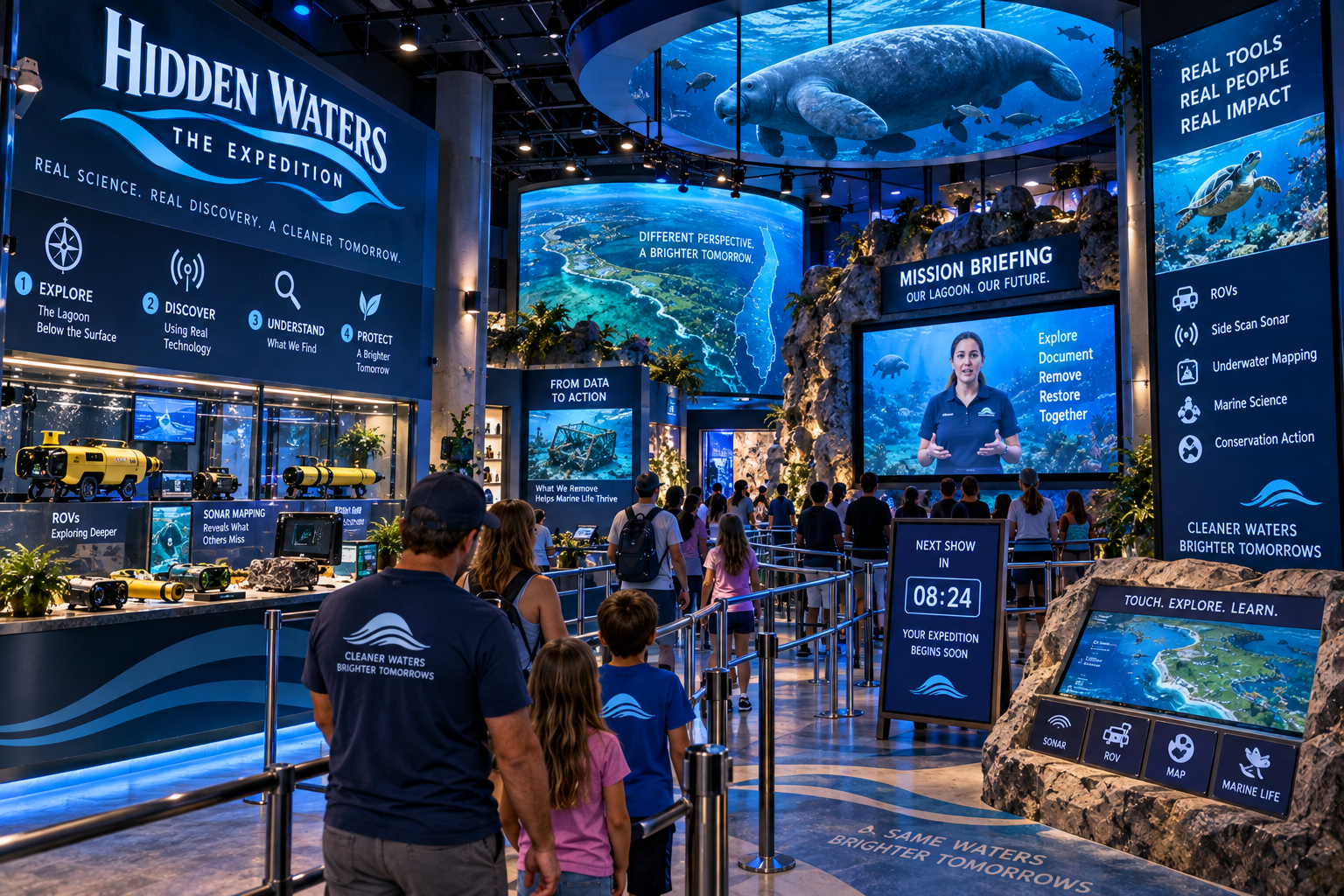 Immersive research-expedition queue/pre-show with sonar, ROV, underwater mapping and marine-science elements preparing families for an underwater mission. Sophisticated and cinematic, not a museum hallway.