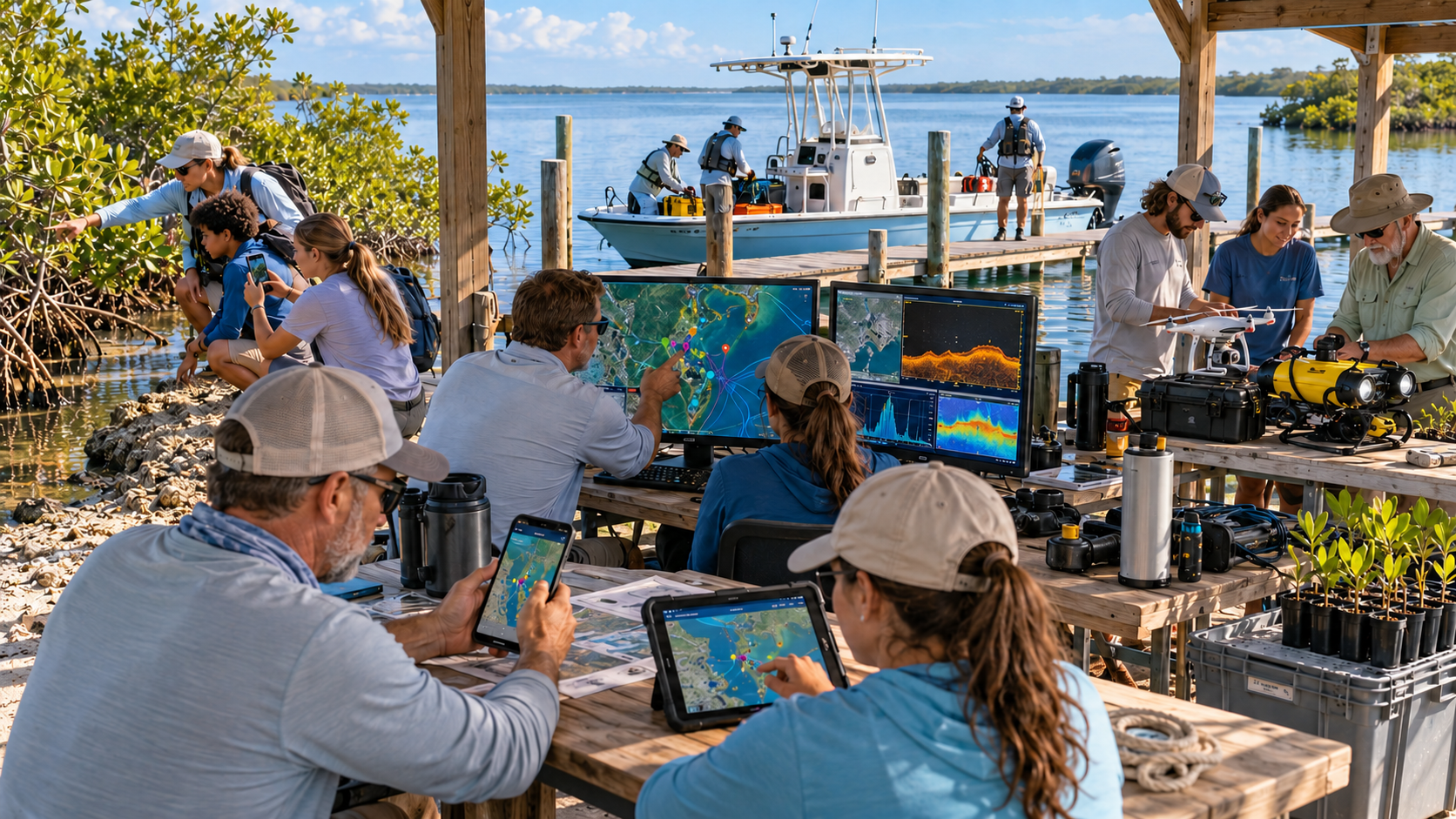 SCWS field research team working under an open-air wooden pavilion by the water — researchers at wooden tables review GIS maps and sonar data on tablets and desktop monitors, a docked center-console survey boat at the pier, drone and yellow ROV equipment on workbenches, and mangrove saplings ready for planting