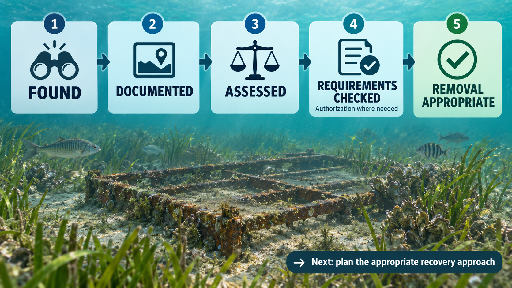 Pre-removal evaluation process-flow diagram over an Indian River Lagoon underwater scene. A rusted square metal frame rests on a sandy seabed surrounded by seagrass and oysters with fish nearby. Five sequential rounded-rectangle cards sit across the top, connected by dark-blue right-pointing chevron arrows. Steps 1-4 use light blue-grey fills with dark-blue numbered circles: 1 FOUND (binoculars), 2 DOCUMENTED (photo with location pin), 3 ASSESSED (balanced scales), 4 REQUIREMENTS CHECKED (document with checkmark, sub-text Authorization where needed). Step 5 REMOVAL APPROPRIATE uses a pale green fill with a dark-green numbered circle and a large checkmark icon. A dark-blue pill-shaped call-to-action bar at the bottom right reads Next: plan the appropriate recovery approach. The visual stops before showing the actual recovery operation — the target is cleared for responsible removal and the next question becomes how.