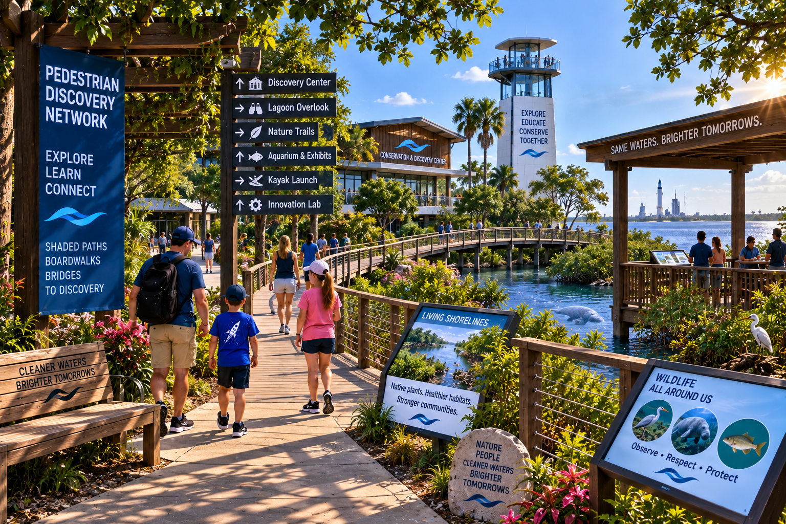 Pedestrian Discovery Network with shaded walking paths, wooden boardwalks, bridges, directional signage to Discovery Center, Lagoon Overlook, Nature Trails, Aquarium, Kayak Launch and Innovation Lab, living shoreline and wildlife education signs, and a manatee visible in the adjacent water channel.