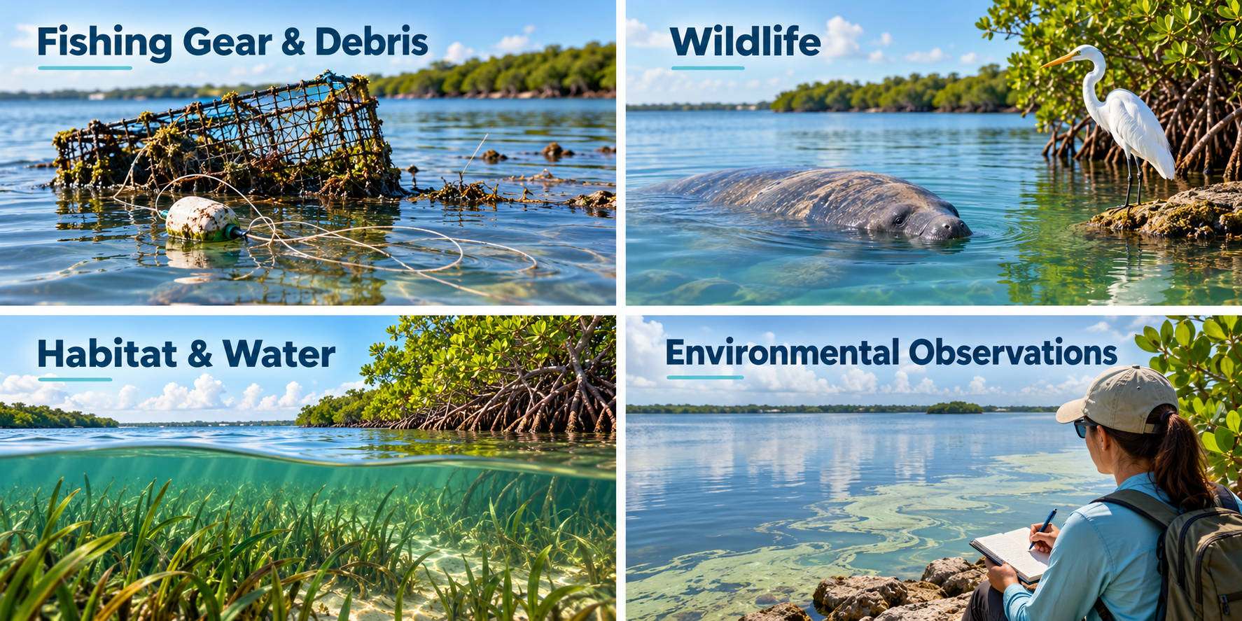 A 2x2 grid of reporting pathway categories — Fishing Gear & Debris (submerged abandoned crab trap with buoy), Wildlife (surfacing manatee with a Great Egret on the bank), Habitat & Water (split-view seagrass beds below and mangroves above the waterline), and Environmental Observations (an observer on a rocky shoreline writing in a field notebook over a waterway with algal bloom patches). Each category is headed in bold dark blue with a cyan accent line.