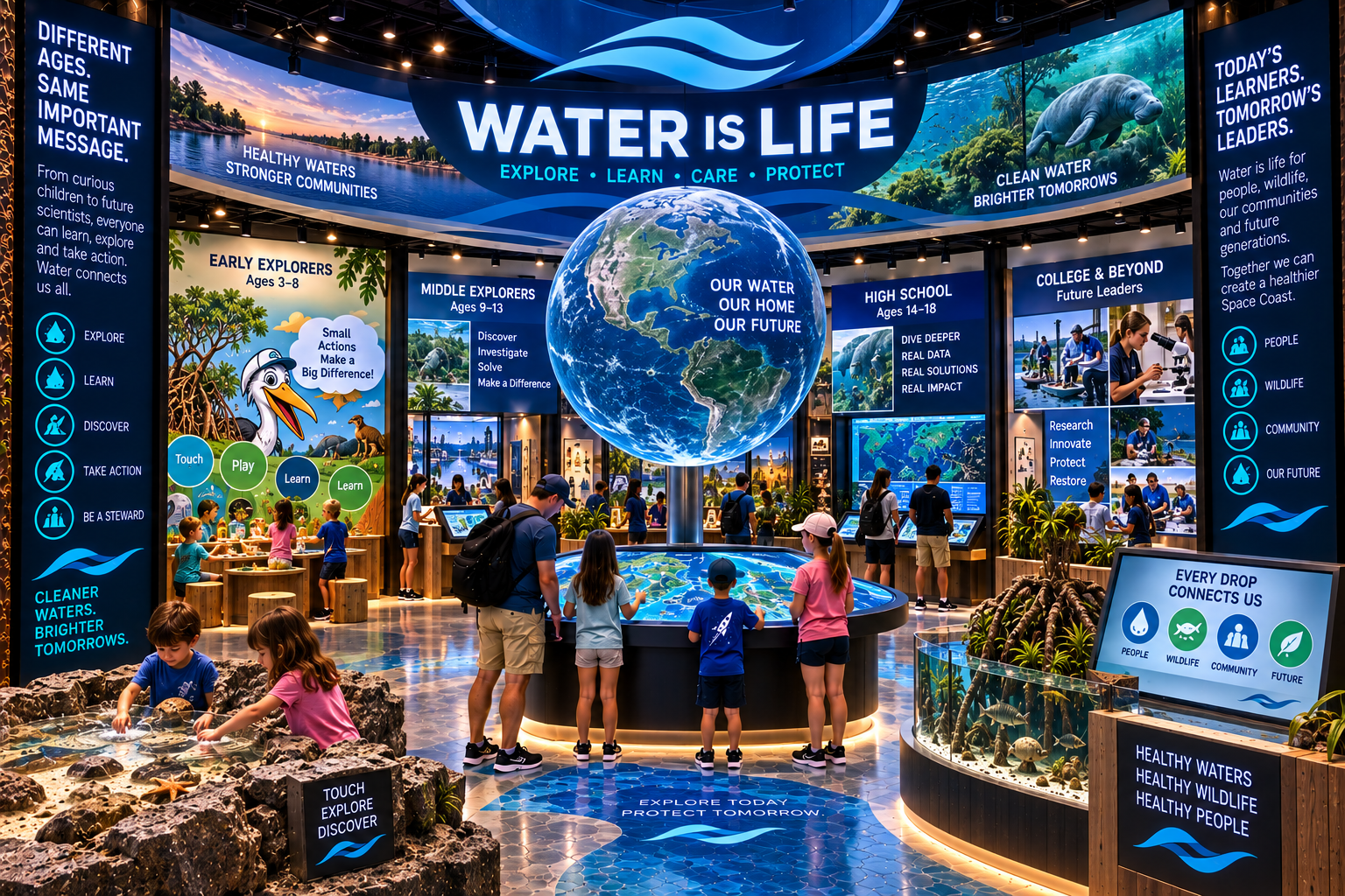 Water Is Life — signature exhibit interior with central glowing globe, interactive stations, and large-scale wall graphics