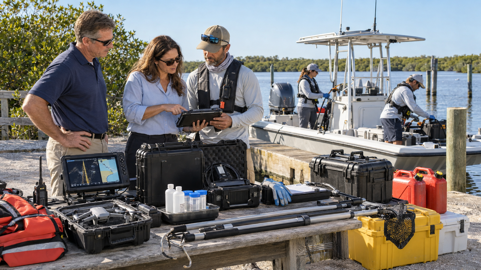 Three researchers reviewing a tablet alongside sonar displays, a drone in its case, radios, sampling poles, and fuel jugs on a weathered dock beside a center-console motorboat