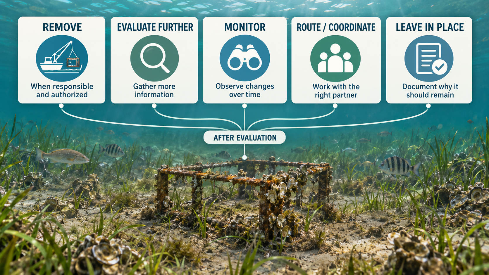 After-evaluation decision-branch diagram for the Indian River Lagoon. A submerged metal crate sits on a seagrass lagoon floor at the bottom. Above it, a white pill-shaped hub labeled AFTER EVALUATION connects via thin curved white lines to five white rounded-square cards arranged horizontally across the top. Each card has a colored circular icon, a bold uppercase heading, and a centered sub-text description. Left to right: REMOVE (boat with crane lifting a crate — When responsible and authorized), EVALUATE FURTHER (magnifying glass — Gather more information), MONITOR (binoculars — Observe changes over time), ROUTE / COORDINATE (three silhouettes — Work with the right partner), and LEAVE IN PLACE (document with checkmark — Document why it should remain). The five outcomes are presented as parallel pathways, not rankings, with a documented decision to leave something in place shown as a valid responsible conservation outcome.