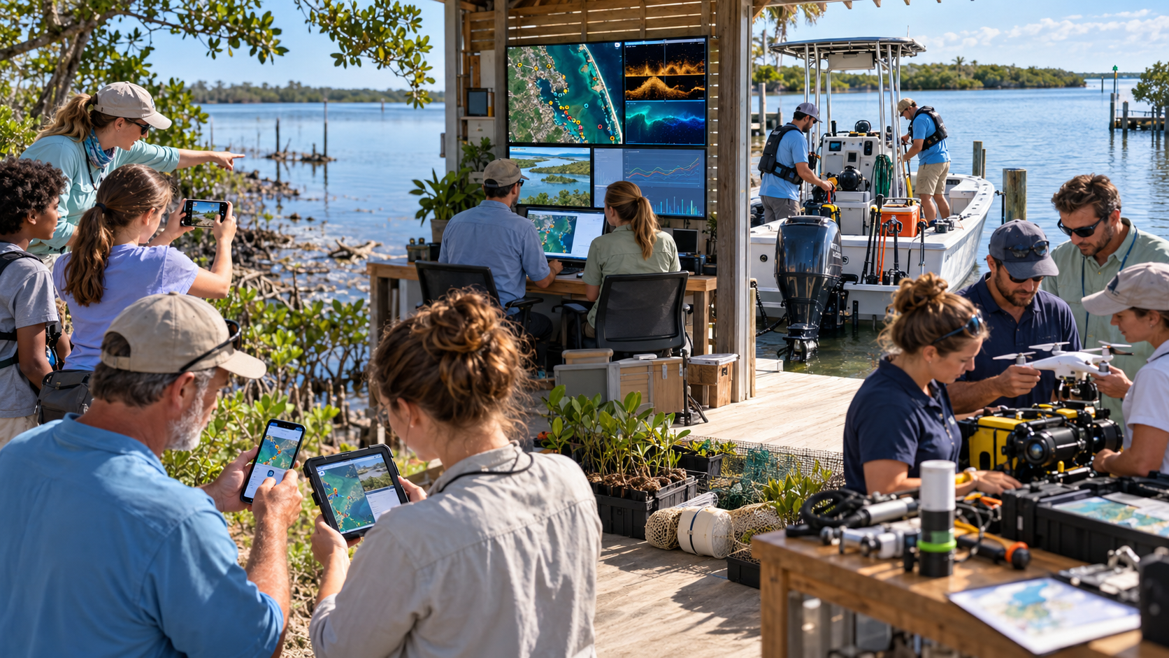 Wide opening visual of Space Coast Water Sweep field operations — volunteers and researchers at a coastal mangrove research station with multi-monitor sonar and mapping workstations, a docked white survey boat, drone and camera gear, overlooking the Indian River Lagoon estuary.
