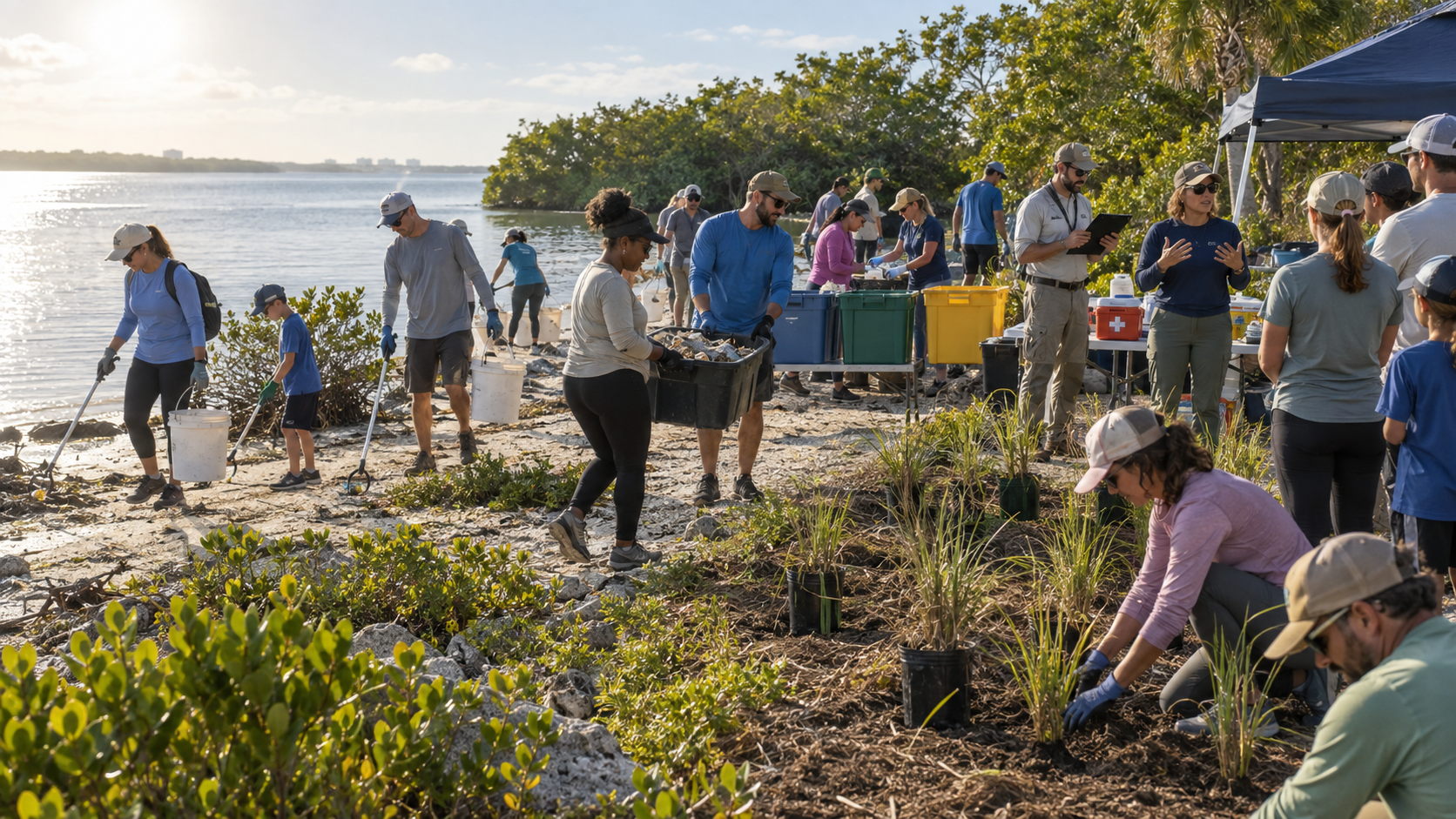 Volunteers of all ages planting saplings and collecting debris along a coastal shoreline during a community cleanup and planting event