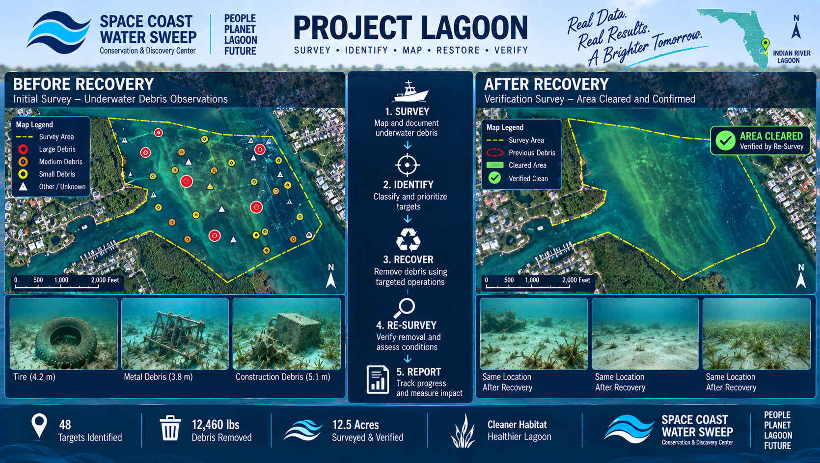 Conceptual before-and-after survey visualization showing a Project Lagoon target area first mapped with underwater debris observations and then re-surveyed after recovery to verify removal and continued conditions.