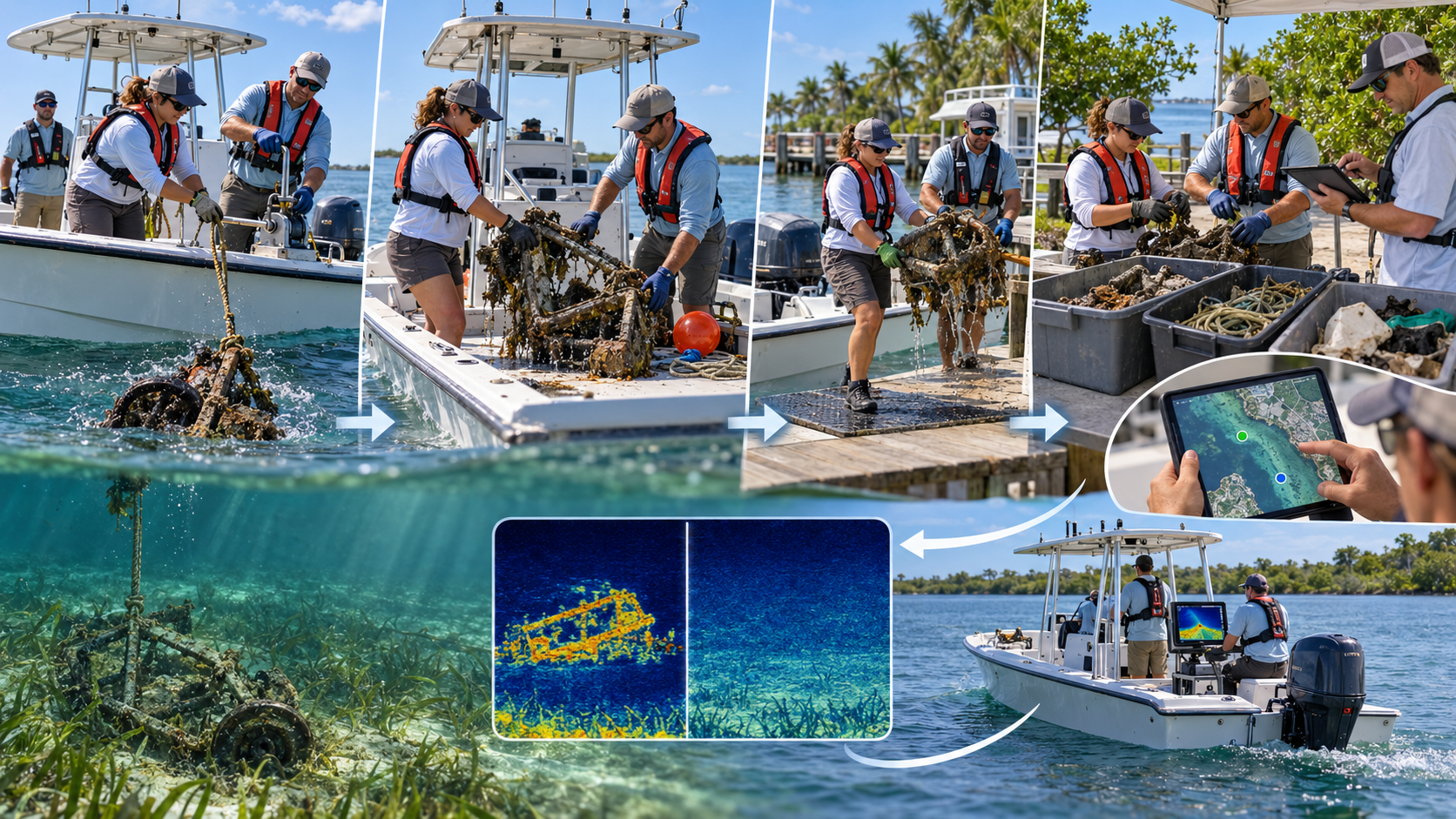 End-to-end underwater survey and recovery workflow infographic — curved white arrows trace the path from a sonar survey boat operating in clear water (console screen showing yellow sonar returns), through a sonar data inset comparing a high-intensity rectangular target against the surrounding seagrass seabed, to a three-panel recovery sequence: researchers hauling a debris-covered metal frame over the gunwale, sorting recovered items into grey crates on shore, and documenting the find on a tablet. A circular inset shows a tablet map view with green and blue pins over an aerial coastline. Illustrates the full loop from detection and acoustic analysis through physical retrieval, shore-side sorting, and digital GIS logging.