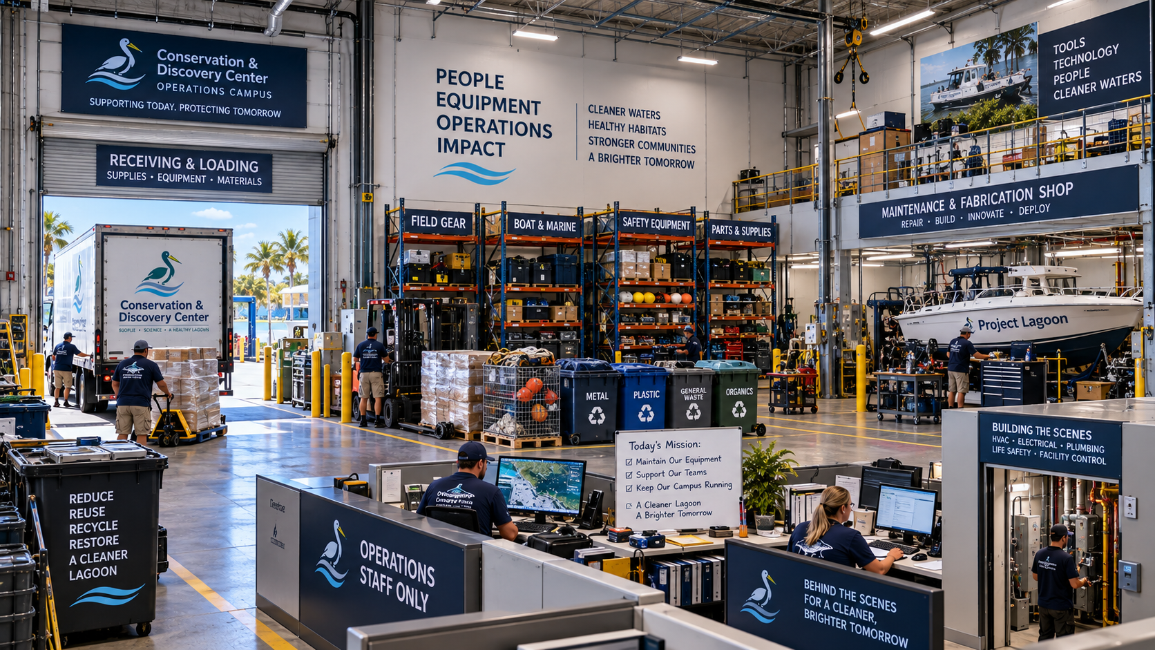 Operations campus and maintenance facility behind the scenes at the Conservation & Discovery Center, with the receiving and loading bay, storage racking for field gear and marine equipment, maintenance and fabrication shop, and operations staff workstations.