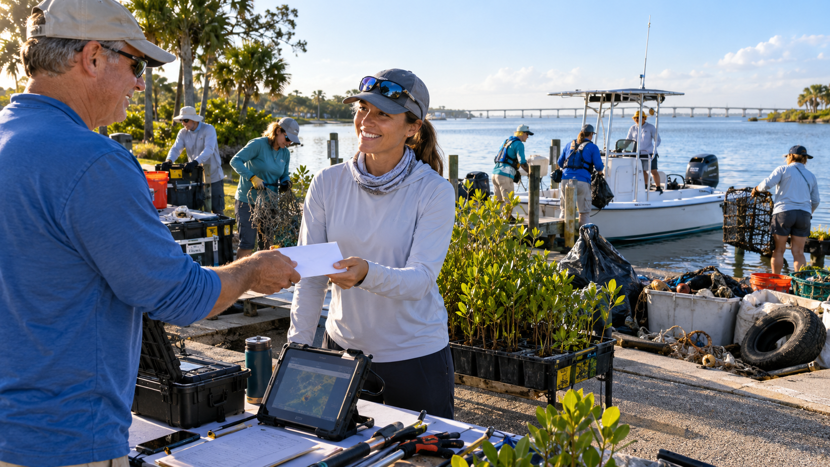 Two volunteers smiling at a folding table on a boat ramp while handling paperwork and a tablet, with mangrove saplings, equipment cases, and a center-console motorboat nearby as other volunteers work along the waterfront