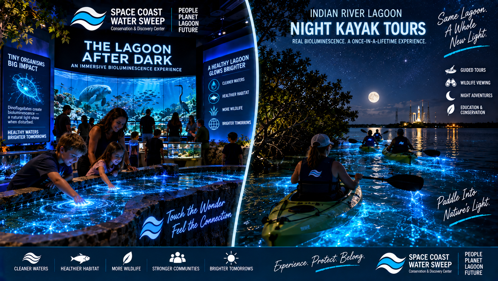 Split conceptual experience showing The Lagoon After Dark indoor bioluminescence exhibit alongside a guided nighttime kayak tour on the Indian River Lagoon with naturally glowing water under appropriate seasonal conditions.