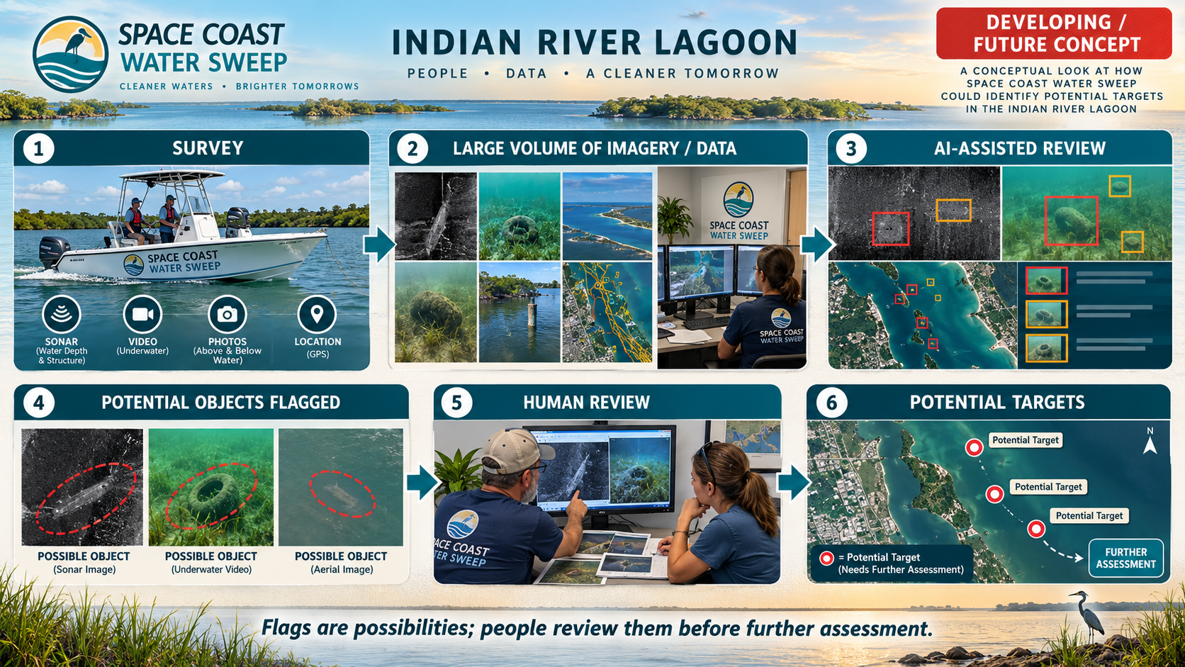 Six-step AI-assisted review workflow, marked DEVELOPING/FUTURE CONCEPT. Step 1 SURVEY shows an SCWS survey boat collecting sonar, video, photos, and GPS. Step 2 LARGE VOLUME OF IMAGERY/DATA shows a collage of sonar scans, underwater vegetation, aerial views, and a staff member at multi-monitor displays. Step 3 AI-ASSISTED REVIEW shows raw data with red and orange highlight boxes flagging points of interest. Step 4 POTENTIAL OBJECTS FLAGGED shows a sonar return, an underwater tire, and an aerial submerged vessel, each circled. Step 5 HUMAN REVIEW shows two SCWS reviewers at a desk confirming flagged items. Step 6 POTENTIAL TARGETS shows a map of flagged locations needing further assessment. A footer reads Flags are possibilities; people review them before further assessment.