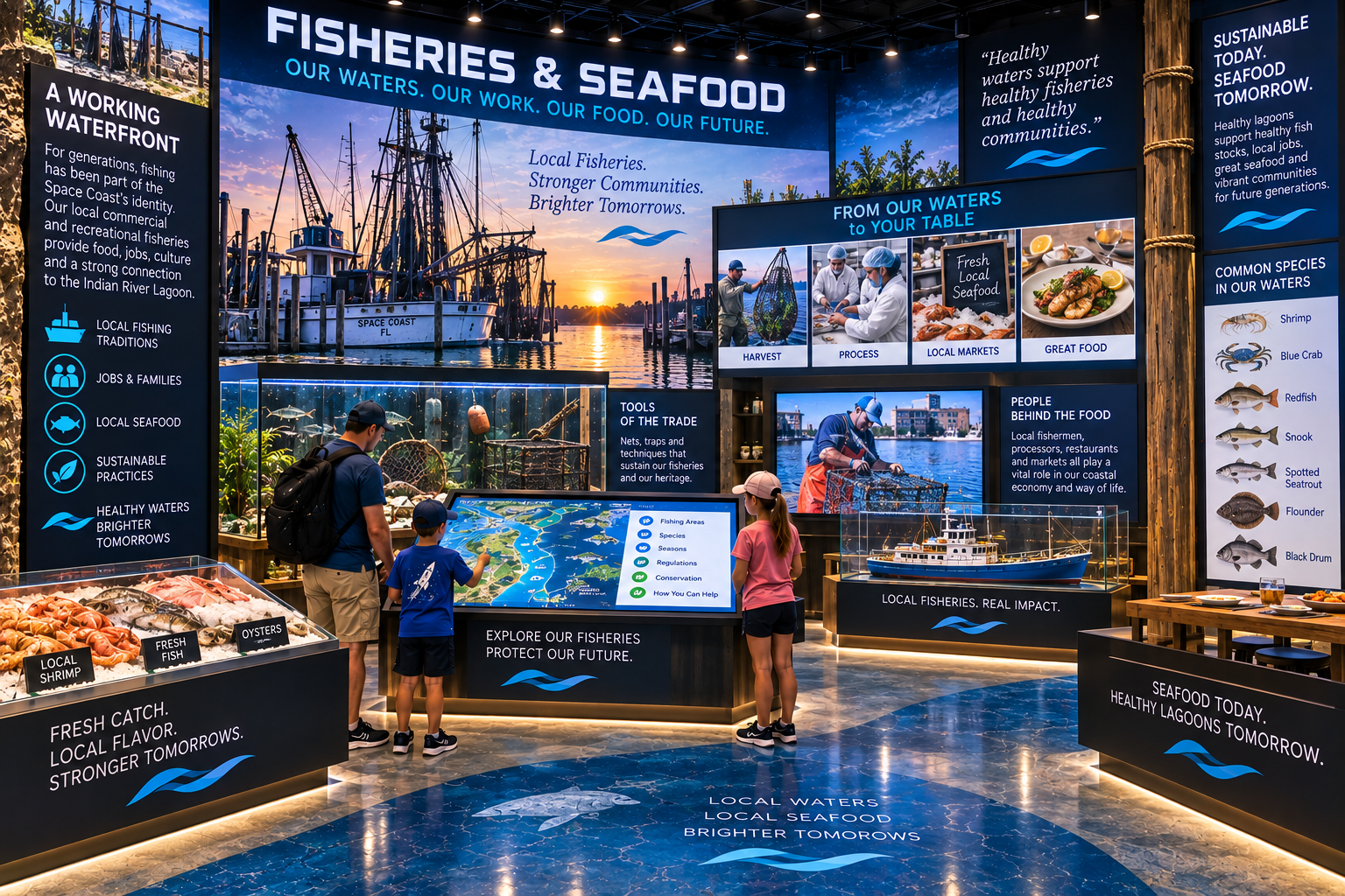 Regional fisheries and seafood exhibit connecting fish, shrimp, blue crab, stone crab, oysters and clams with working waterfronts, local food culture and healthy Lagoon habitat.