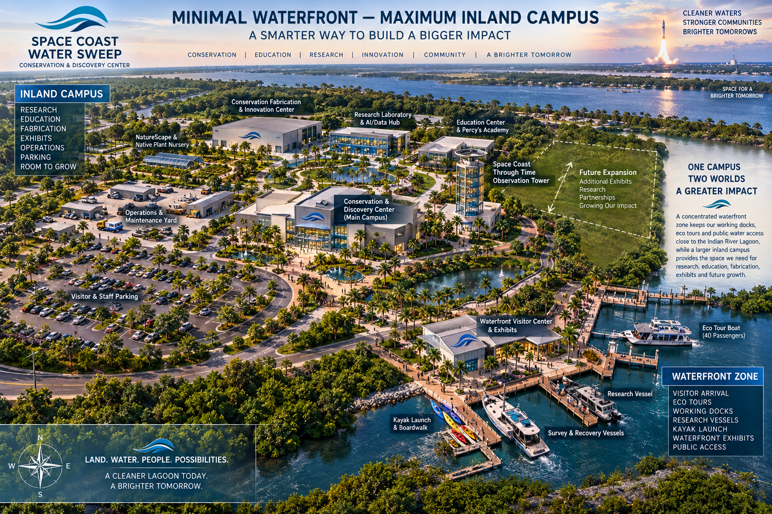 Annotated campus map illustrating the Minimal Waterfront — Maximum Inland Campus strategy, with an Inland Campus panel (Research, Education, Fabrication, Exhibits, Operations, Parking, Room to Grow) and a Waterfront Zone panel (Visitor Arrival, Eco Tours, Working Docks, Research Vessels, Kayak Launch, Waterfront Exhibits, Public Access), showing NatureScape & Native Plant Nursery, Conservation Fabrication & Innovation Center, Research Laboratory & AI/Data Hub, Education Center & Percy's Academy, Space Coast Through Time Observation Tower, the main Conservation & Discovery Center, Operations & Maintenance Yard, Visitor & Staff Parking, Future Expansion, Waterfront Visitor Center & Exhibits, Kayak Launch & Boardwalk, Research/Survey/Recovery Vessels, and an Eco Tour Boat, with a compass rose and a 'Land. Water. People. Possibilities.' tagline.