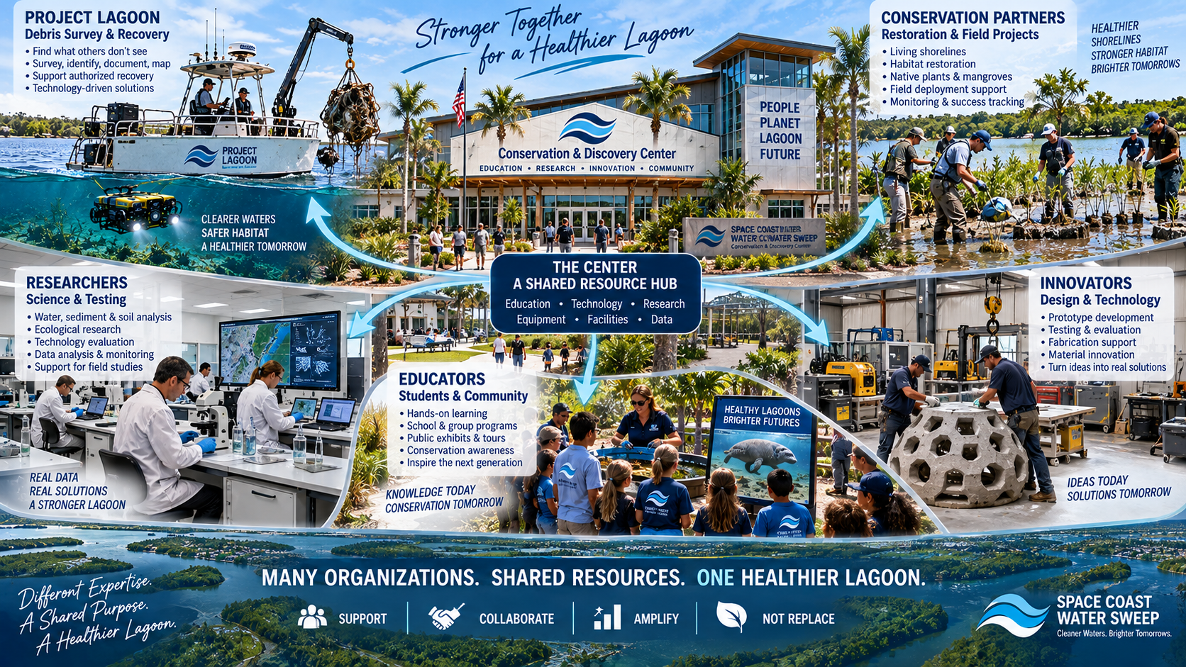 The Conservation & Discovery Center as a shared resource hub — central hub flowing outward to Project Lagoon (debris survey & recovery), Conservation Partners (restoration & field projects), Researchers (science & testing), Educators (students & community), and Innovators (design & technology). Message: Many Organizations. Shared Resources. One Healthier Lagoon.