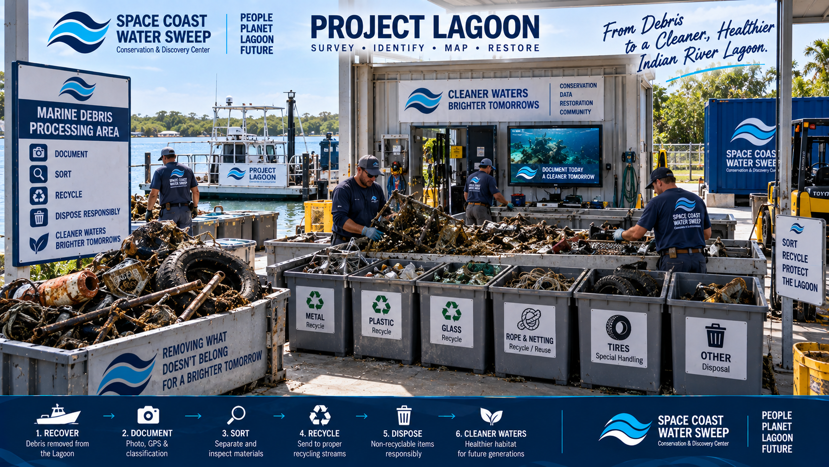 Conceptual Project Lagoon debris-processing area showing recovered marine debris being documented, sorted into appropriate material streams and prepared for recycling or responsible disposal within a controlled operations facility.