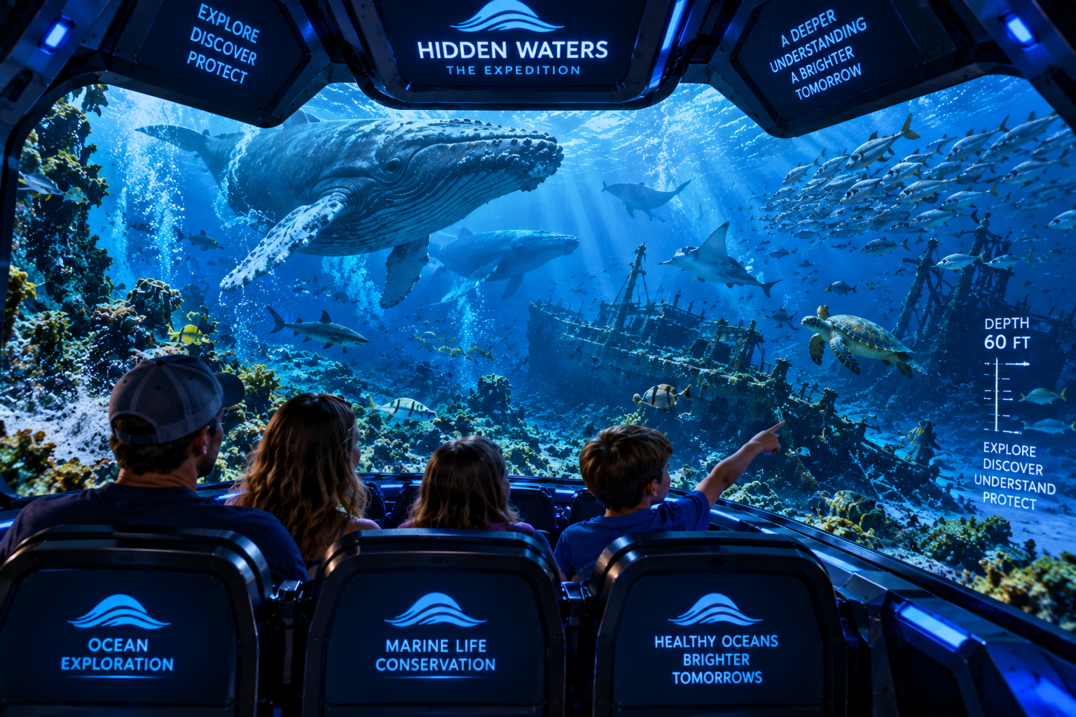 Large-scale immersive Atlantic Ocean scene with the expedition vehicle surrounded by appropriate marine life, dramatic underwater scale and a sense of motion and exploration.