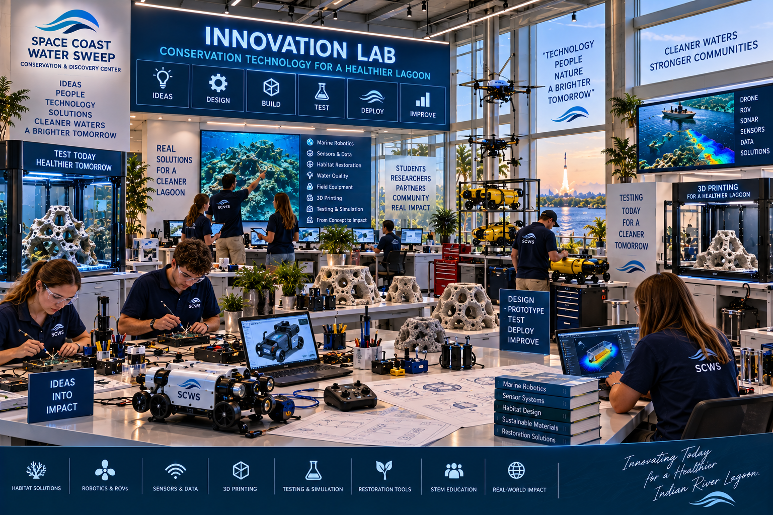 Innovation Lab exhibition hall poster titled 'Innovation Lab — Conservation Technology for a Healthier Lagoon' showing a bright waterfront lab interior with workflow icons, a central digital display, workstations with 3D CAD laptops, SCWS robotic platforms, and 3D-printed coral lattice structures.