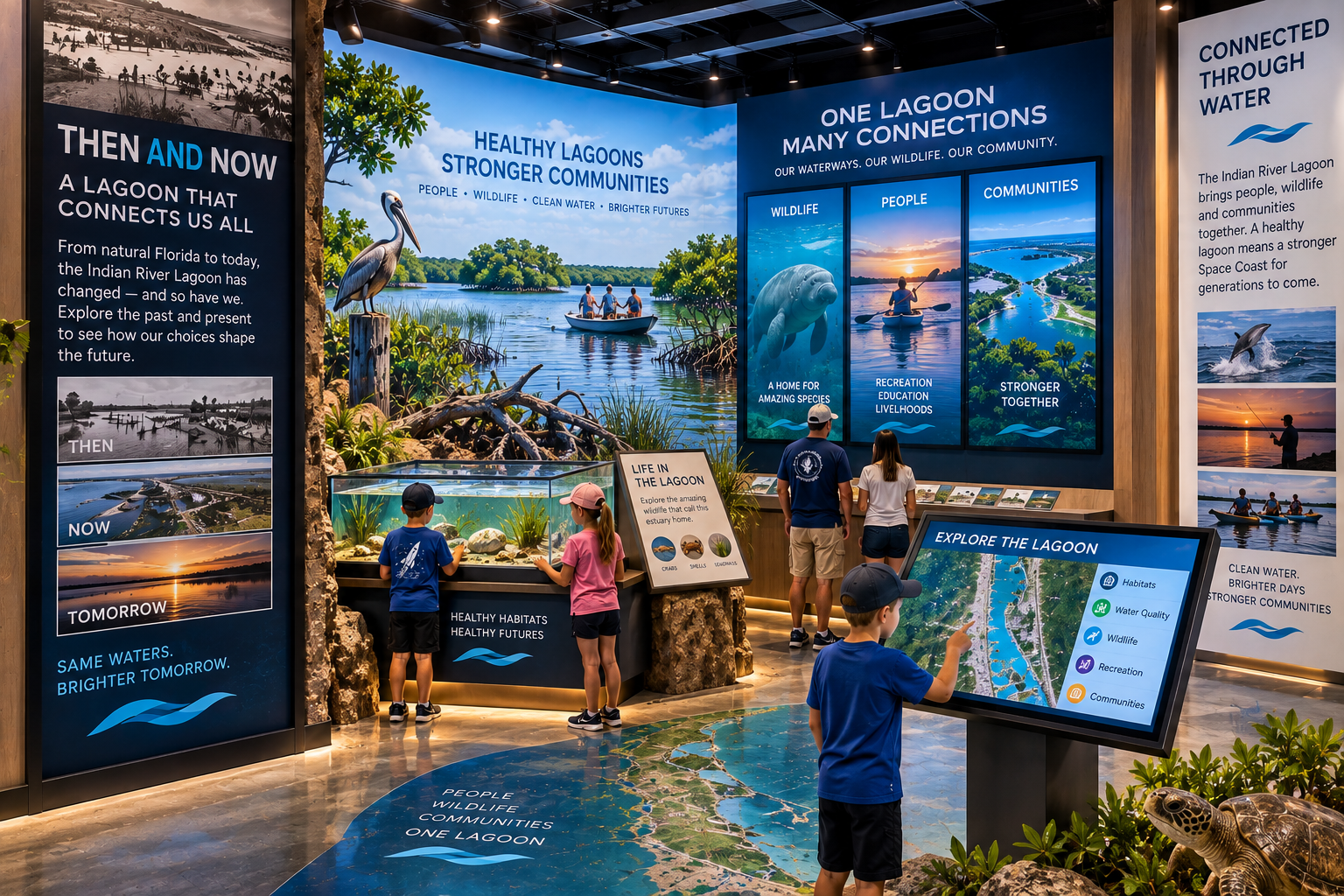 Large interactive digital map/table showing the Indian River Lagoon changing over time as canals, causeways, dredging, locks, shoreline alterations and development appear. Visitors explore why changes were made, their benefits and unintended environmental effects.