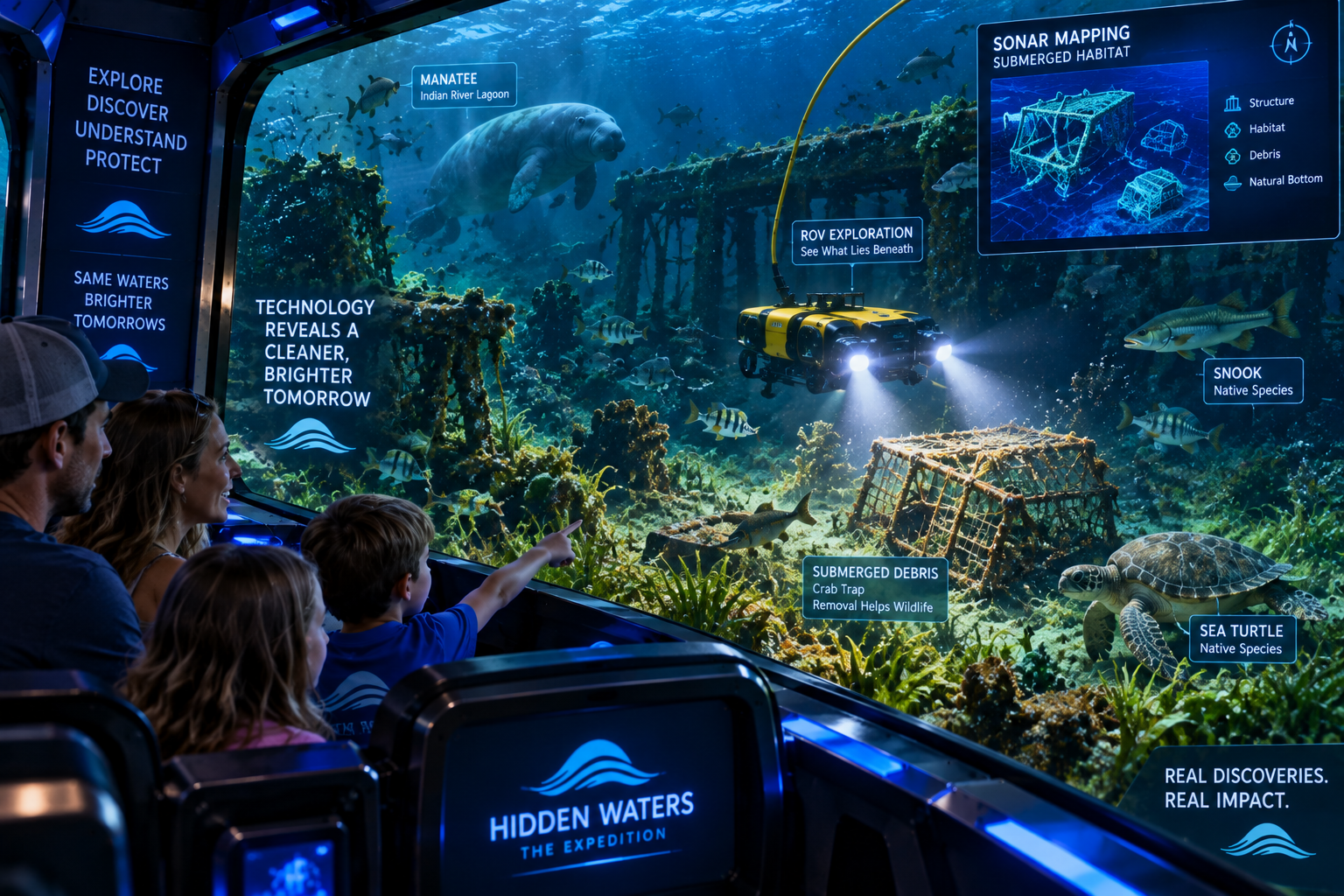 Dynamic underwater expedition scene where sonar/ROV technology reveals submerged habitat, marine life and hidden objects/debris beneath the Lagoon. Adventure first, conservation naturally integrated.