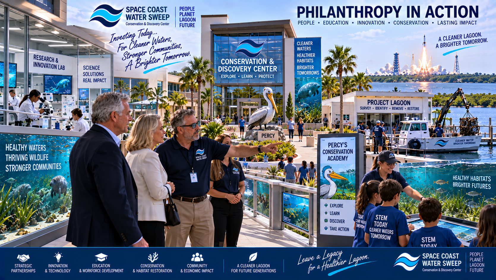 Conceptual major-philanthropy vision showing a future donor or foundation representative touring research, education and conservation capabilities across the Center campus.