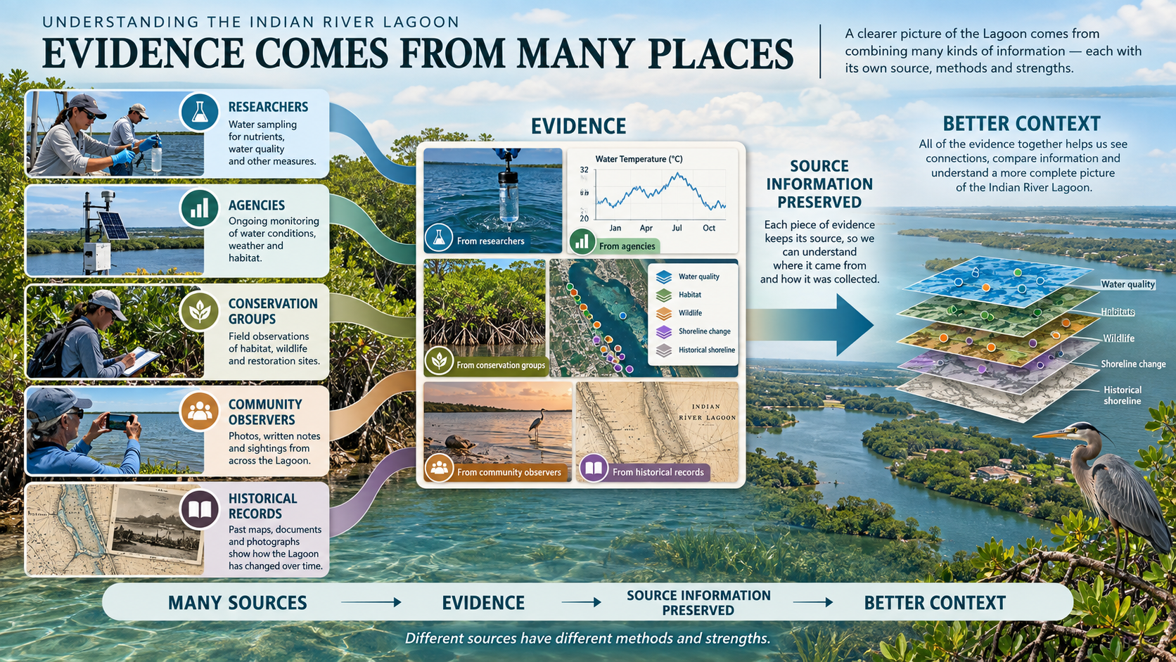 Evidence Comes From Many Places infographic set against the Indian River Lagoon. Header reads UNDERSTANDING THE INDIAN RIVER LAGOON / EVIDENCE COMES FROM MANY PLACES. Left column lists five source cards with photos and icons: Researchers (flask — water sampling for nutrients and water quality), Agencies (bar chart — ongoing monitoring of water conditions, weather and habitat), Conservation Groups (leaf — field observations of habitat, wildlife and restoration sites), Community Observers (people — photos, written notes and sightings from across the Lagoon), and Historical Records (open book — past maps, documents and photographs showing how the Lagoon has changed). A central white-framed EVIDENCE panel holds a water sampling photo with a temperature line graph, a mangrove photo with a satellite map overlay of colored data points, and a bird photo with a historical map labeled INDIAN RIVER LAGOON, with colored curved lines mapping each source to its evidence type. Right side reads BETTER CONTEXT — all of the evidence together helps us see connections, compare information and understand a more complete picture, beside an exploded 3D stack of data layers (Water quality, Habitat, Wildlife, Shoreline change, Historical shoreline). Footer flowchart: MANY SOURCES → EVIDENCE → SOURCE INFORMATION PRESERVED → BETTER CONTEXT, with subtext Different sources have different methods and strengths.